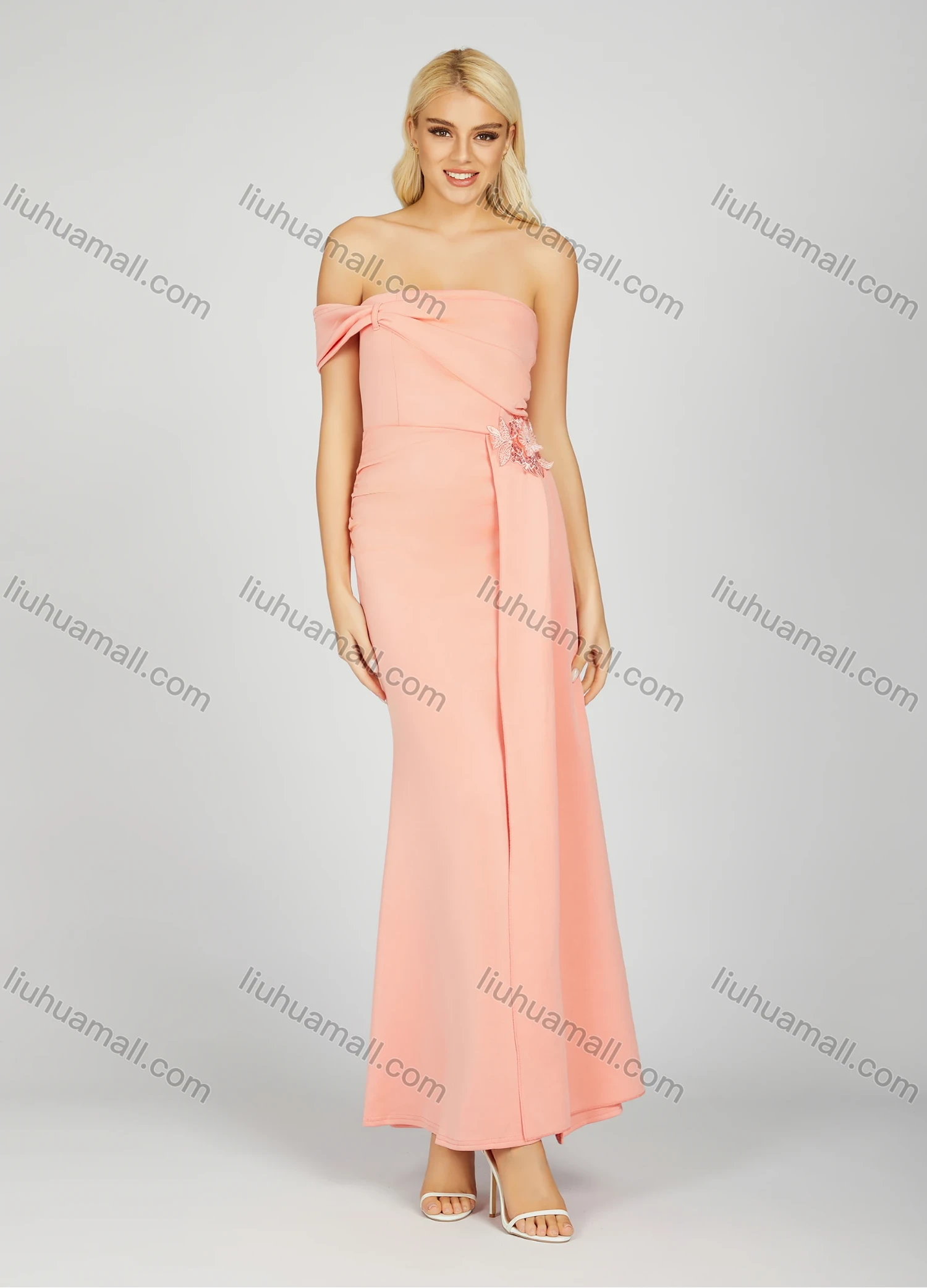 Wholesale Women's Glamorous Plain Ruched Sequin Beaded Decor Split Hem Maxi Evening Dress 7023# - Liuhuamall