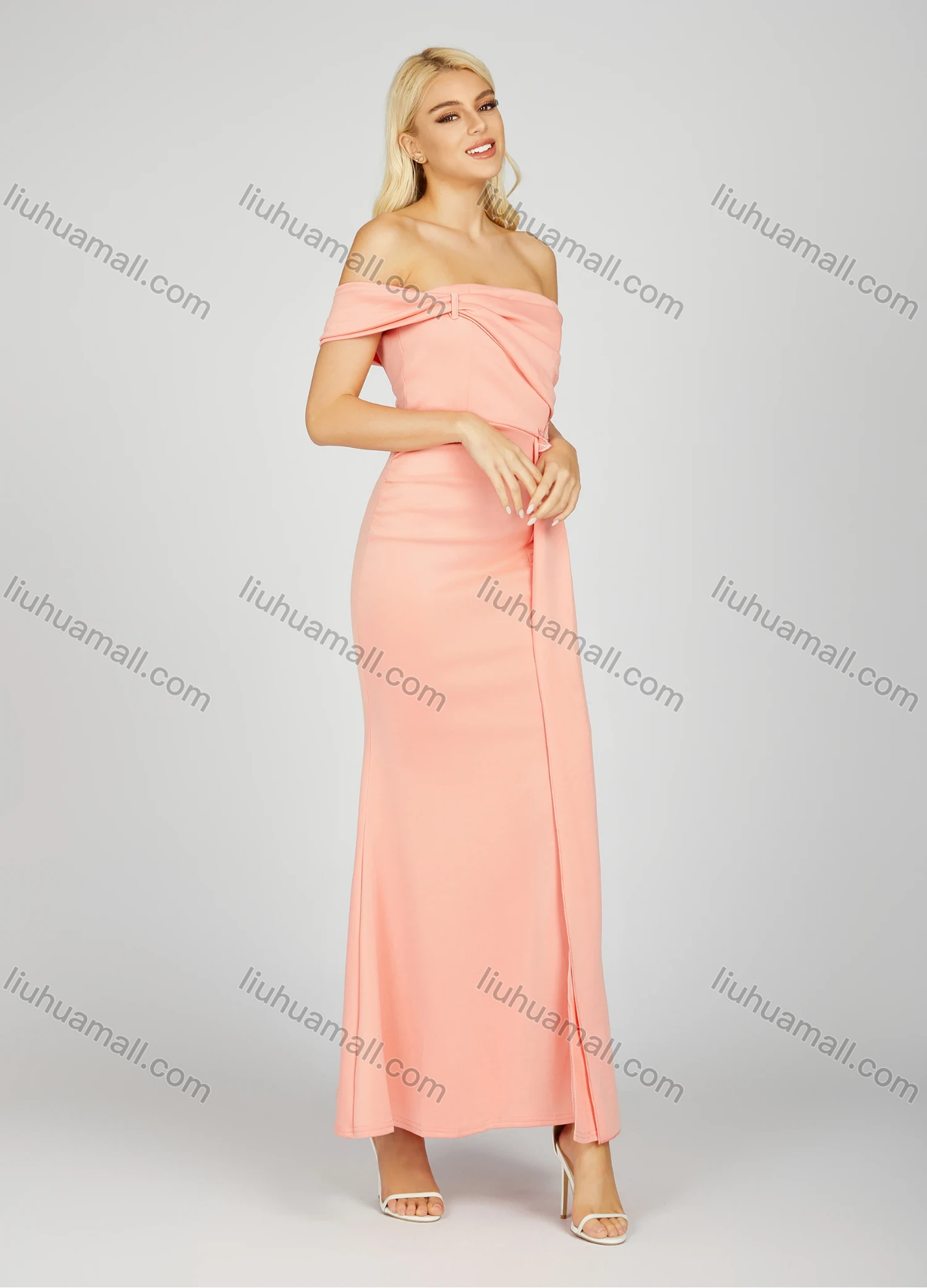 Wholesale Women's Glamorous Plain Ruched Sequin Beaded Decor Split Hem Maxi Evening Dress 7023# - Liuhuamall