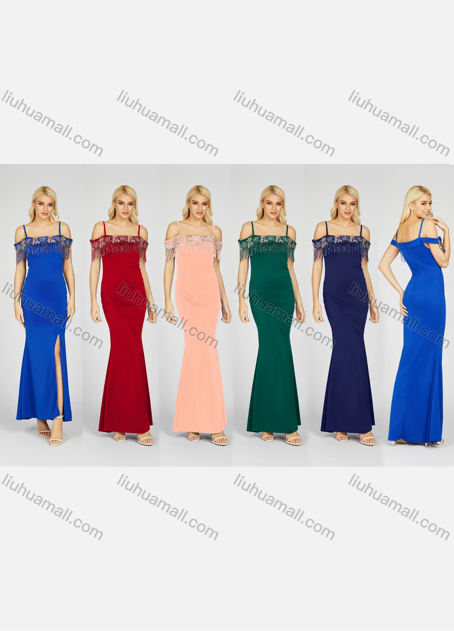 Wholesale Women's Glamorous Plain Rhinestone Tassel Split Side Cold Shoulder Maxi Evening Dress 7042# - Liuhuamall