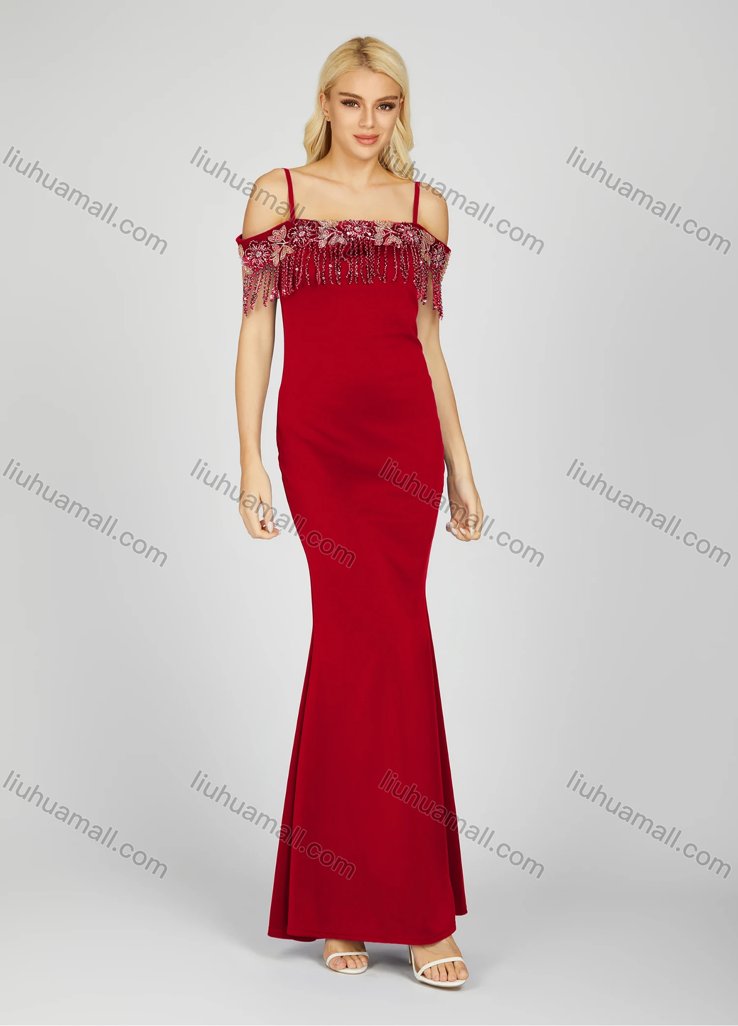 Wholesale Women's Glamorous Plain Rhinestone Tassel Split Side Cold Shoulder Maxi Evening Dress 7042# - Liuhuamall