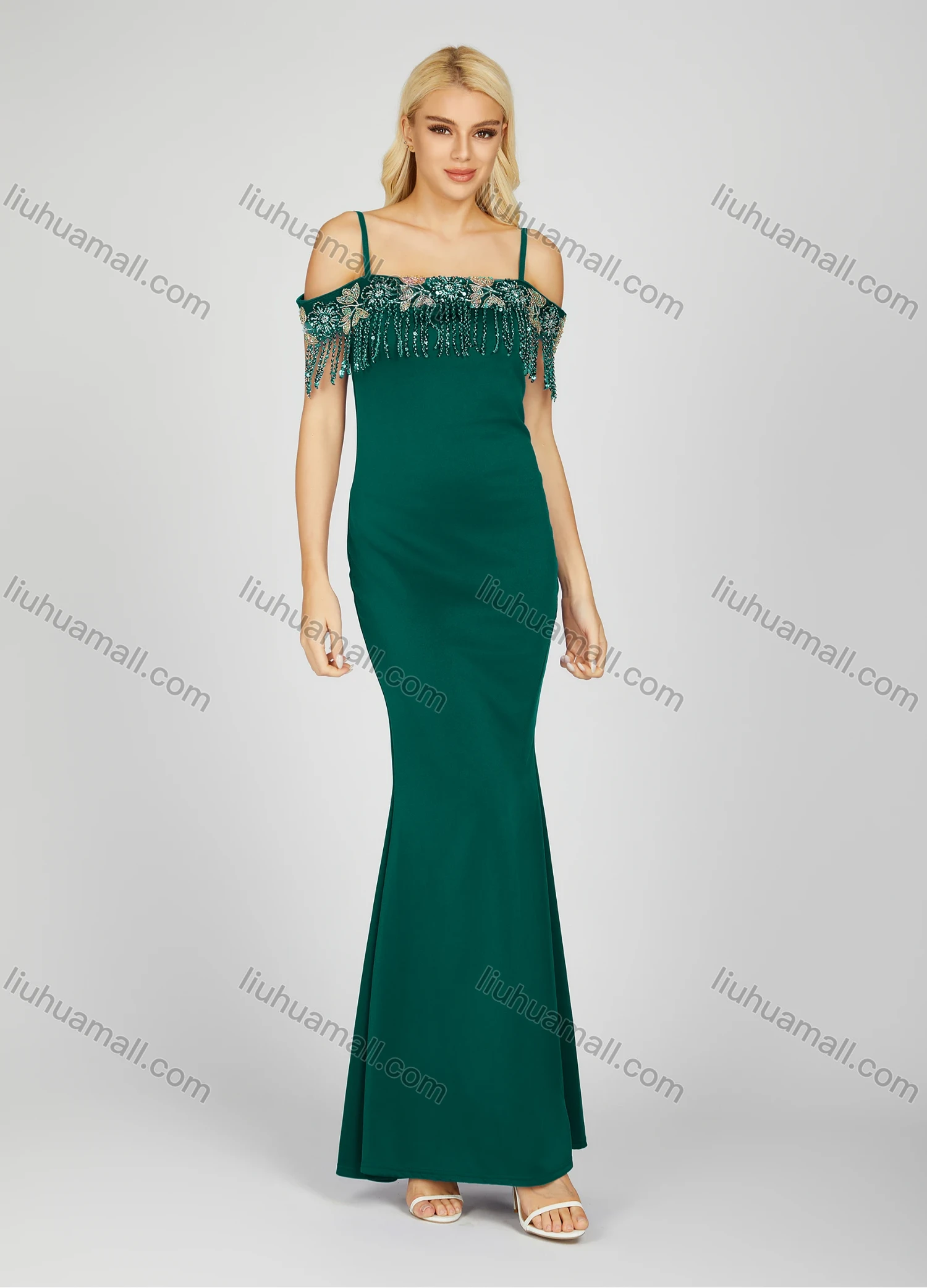 Wholesale Women's Glamorous Plain Rhinestone Tassel Split Side Cold Shoulder Maxi Evening Dress 7042# - Liuhuamall