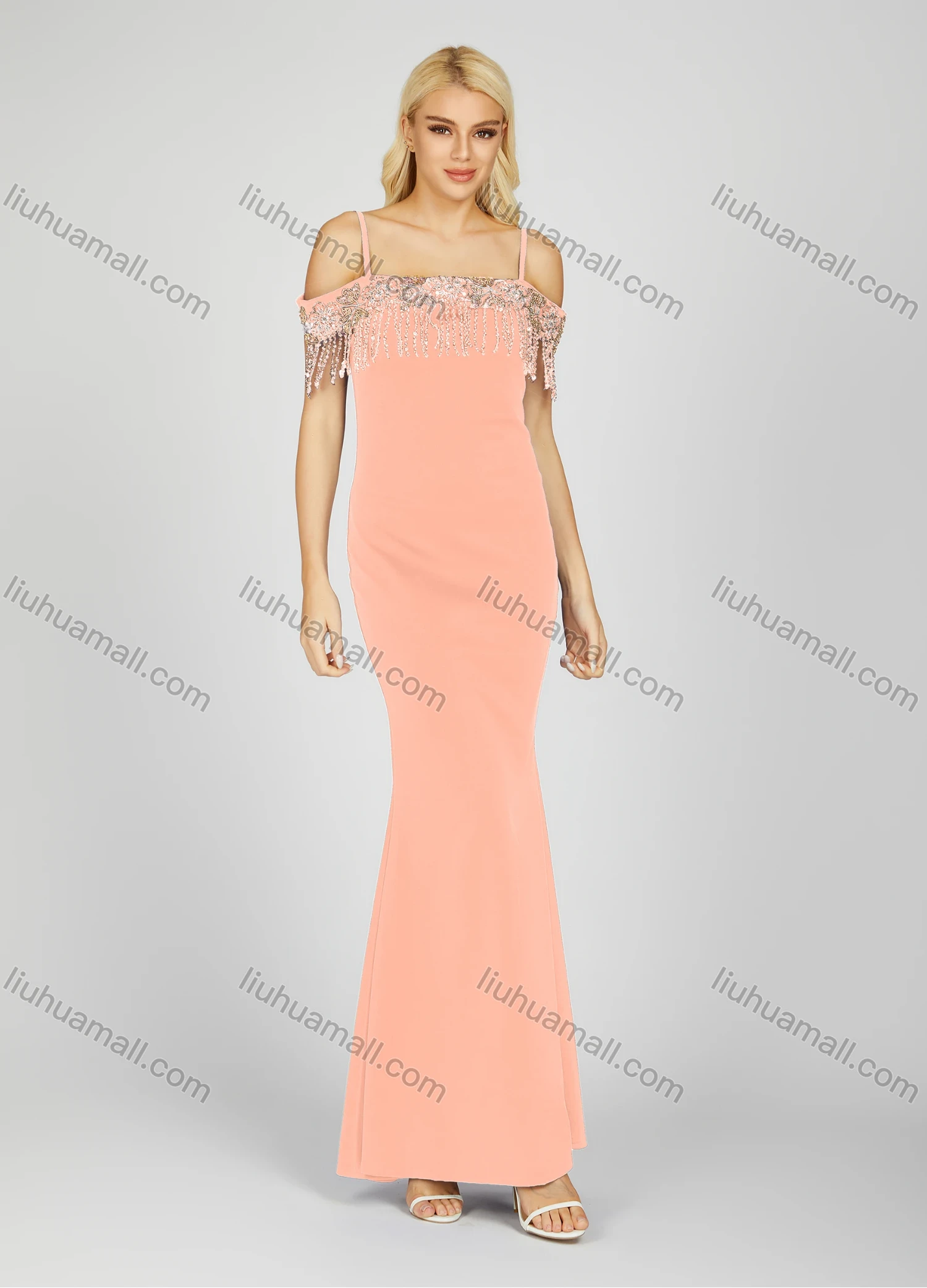 Wholesale Women's Glamorous Plain Rhinestone Tassel Split Side Cold Shoulder Maxi Evening Dress 7042# - Liuhuamall