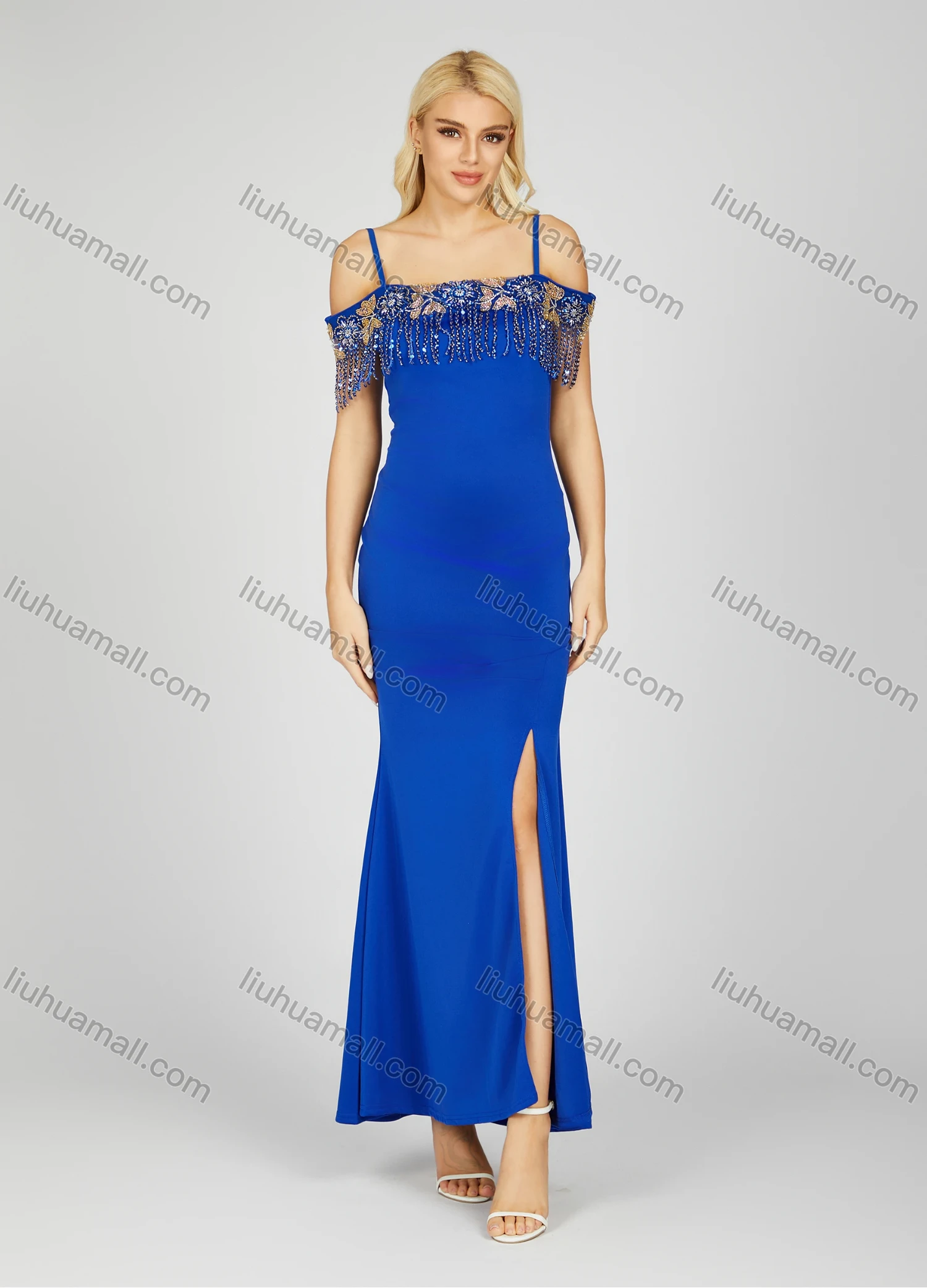 Wholesale Women's Glamorous Plain Rhinestone Tassel Split Side Cold Shoulder Maxi Evening Dress 7042# - Liuhuamall