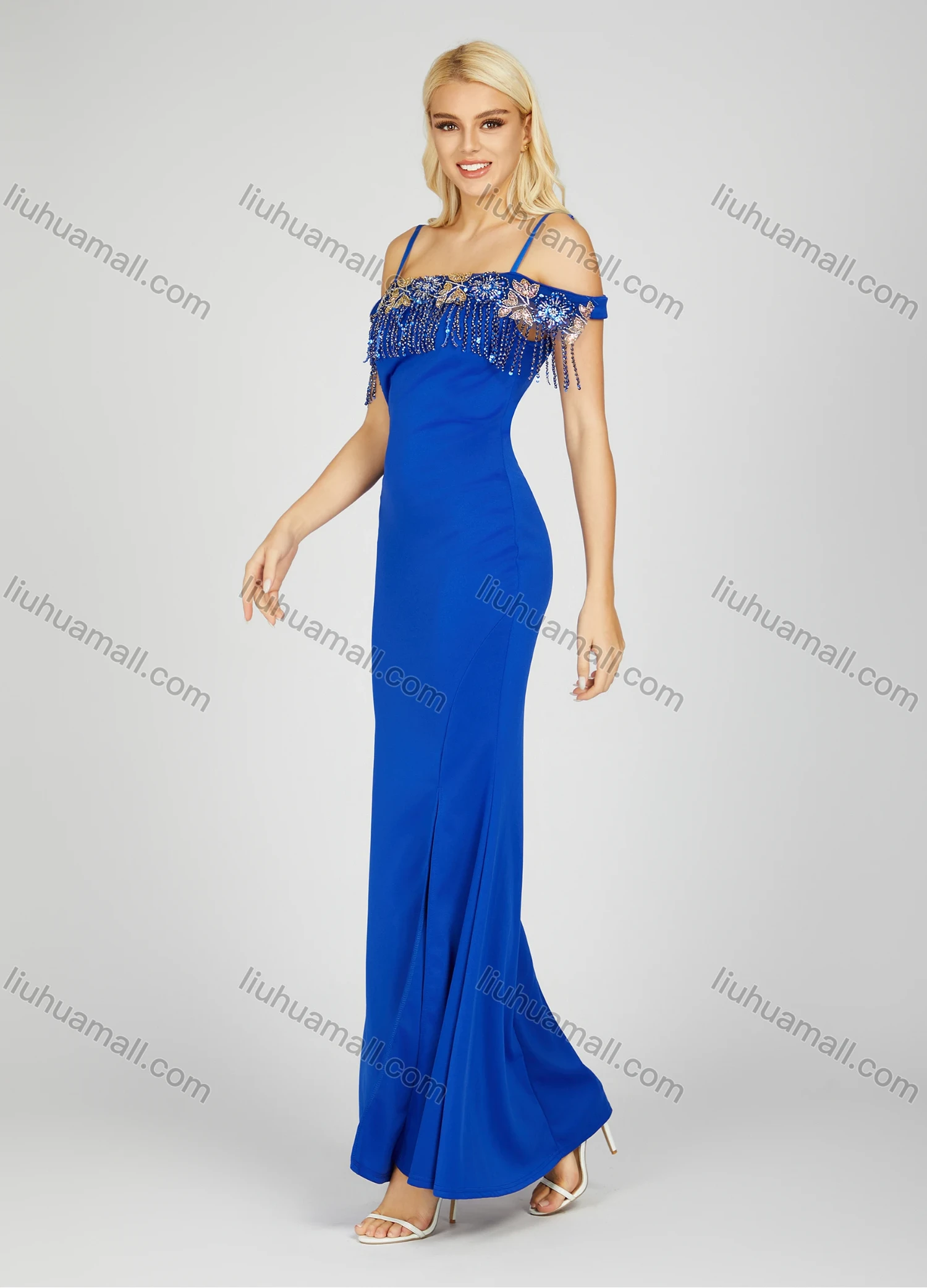 Wholesale Women's Glamorous Plain Rhinestone Tassel Split Side Cold Shoulder Maxi Evening Dress 7042# - Liuhuamall