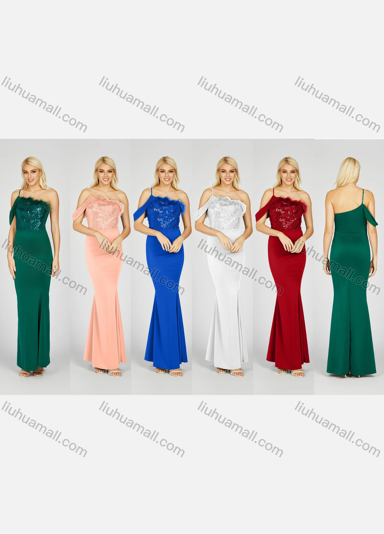 Wholesale Women's Elegant Plain Sequin Pleated Feather Trim Asymmetrical Neck Maxi Mermaid Evening Dress - Liuhuamall