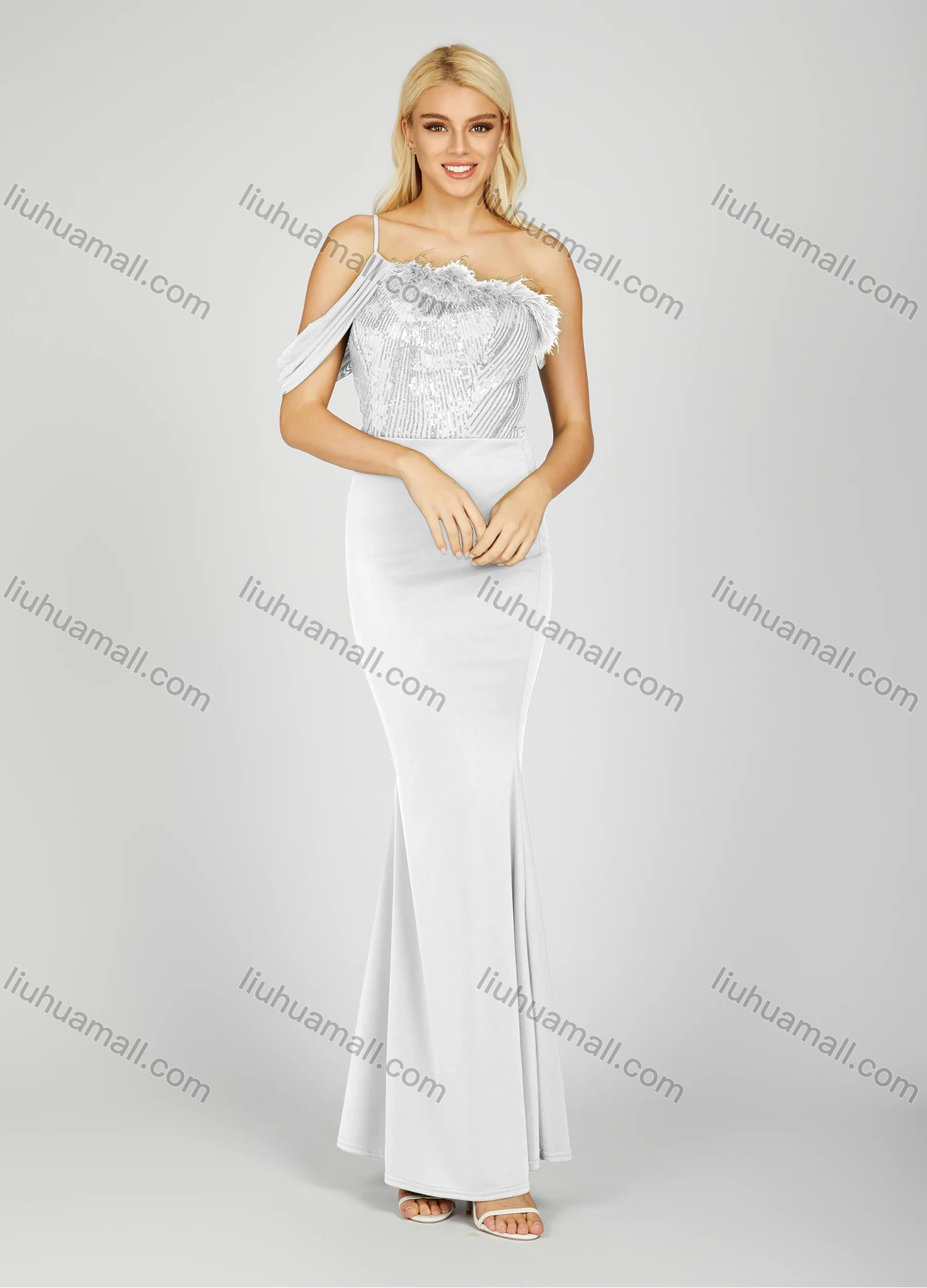 Wholesale Women's Elegant Plain Sequin Pleated Feather Trim Asymmetrical Neck Maxi Mermaid Evening Dress - Liuhuamall