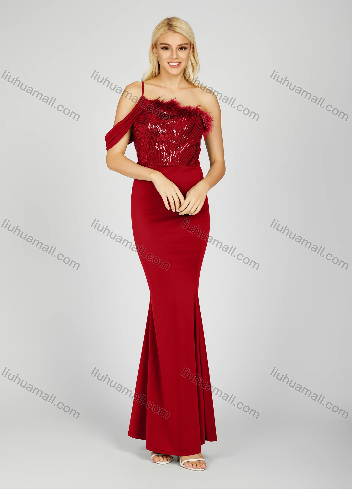 Wholesale Women's Elegant Plain Sequin Pleated Feather Trim Asymmetrical Neck Maxi Mermaid Evening Dress - Liuhuamall