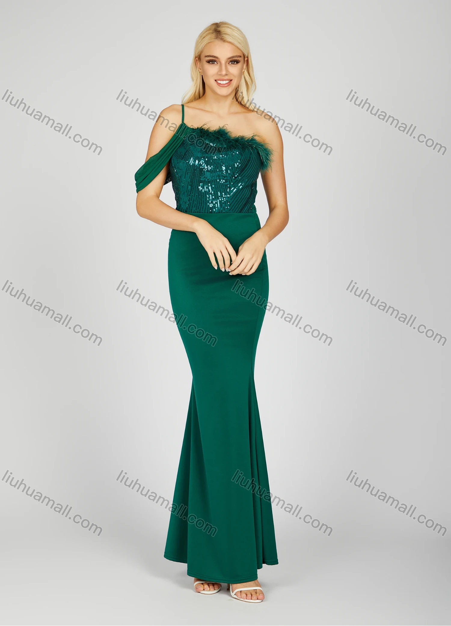 Wholesale Women's Elegant Plain Sequin Pleated Feather Trim Asymmetrical Neck Maxi Mermaid Evening Dress - Liuhuamall