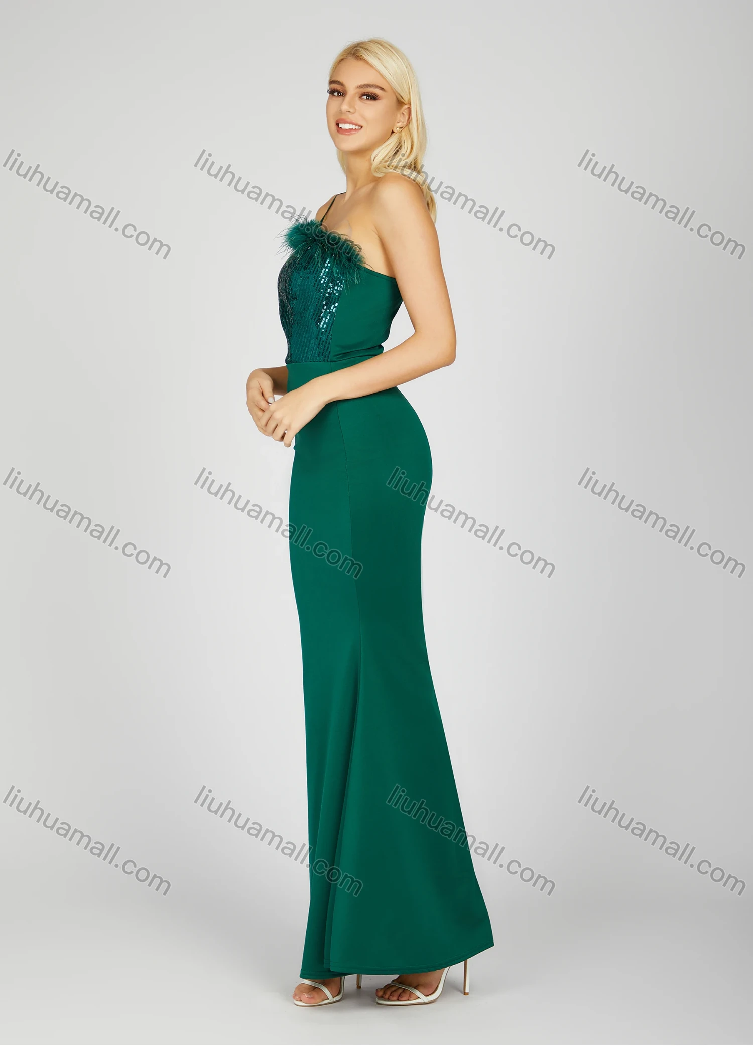 Wholesale Women's Elegant Plain Sequin Pleated Feather Trim Asymmetrical Neck Maxi Mermaid Evening Dress - Liuhuamall