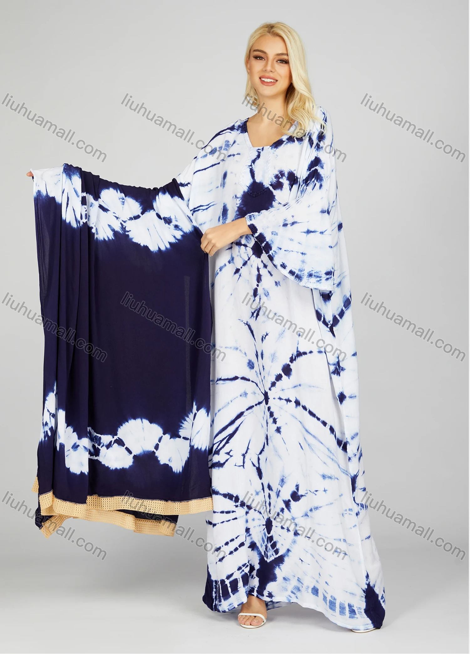 Wholesale Women's African Long Sleeve Crew Neck Tie Dye Abstract Print Maxi Dress With Scarf 2RLF-5602# - Liuhuamall