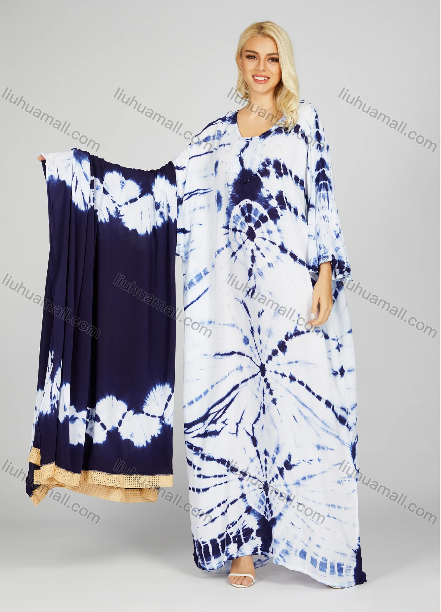Wholesale Women's African Long Sleeve Crew Neck Tie Dye Abstract Print Maxi Dress With Scarf 2RLF-5602# - Liuhuamall