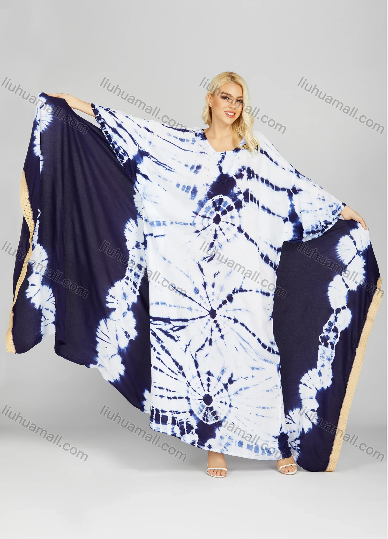 Wholesale Women's African Long Sleeve Crew Neck Tie Dye Abstract Print Maxi Dress With Scarf 2RLF-5602# - Liuhuamall