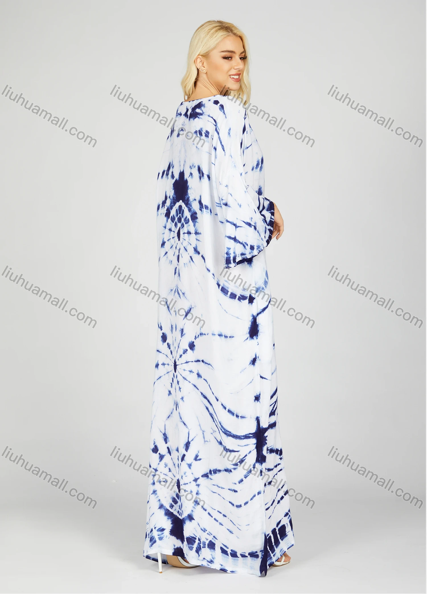 Wholesale Women's African Long Sleeve Crew Neck Tie Dye Abstract Print Maxi Dress With Scarf 2RLF-5602# - Liuhuamall