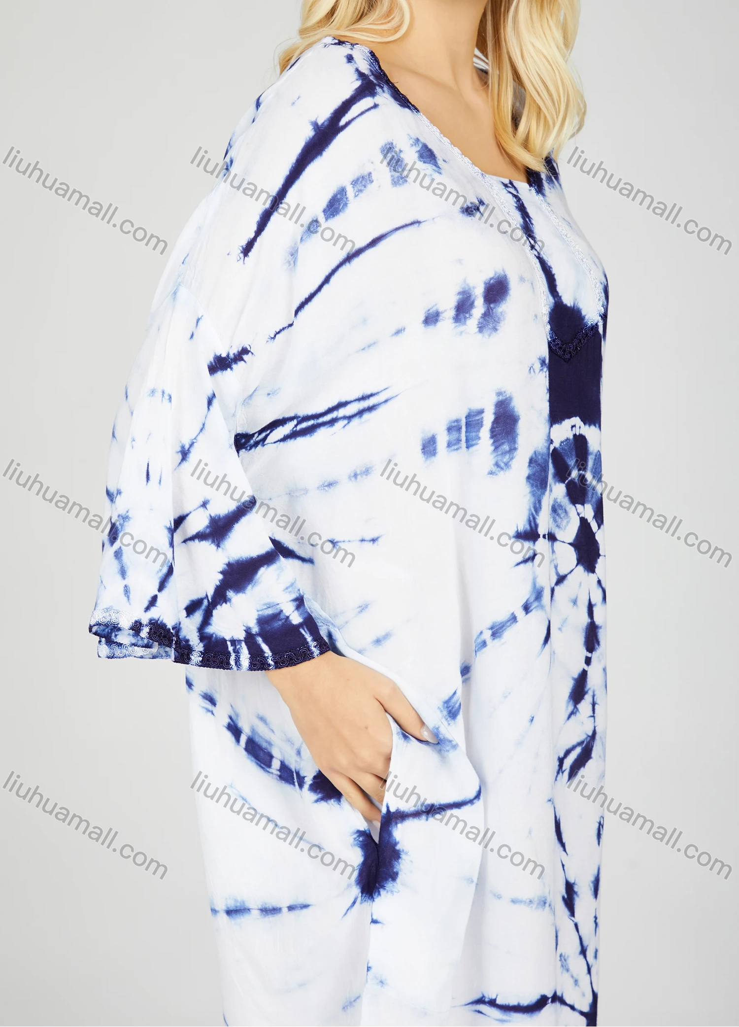 Wholesale Women's African Long Sleeve Crew Neck Tie Dye Abstract Print Maxi Dress With Scarf 2RLF-5602# - Liuhuamall