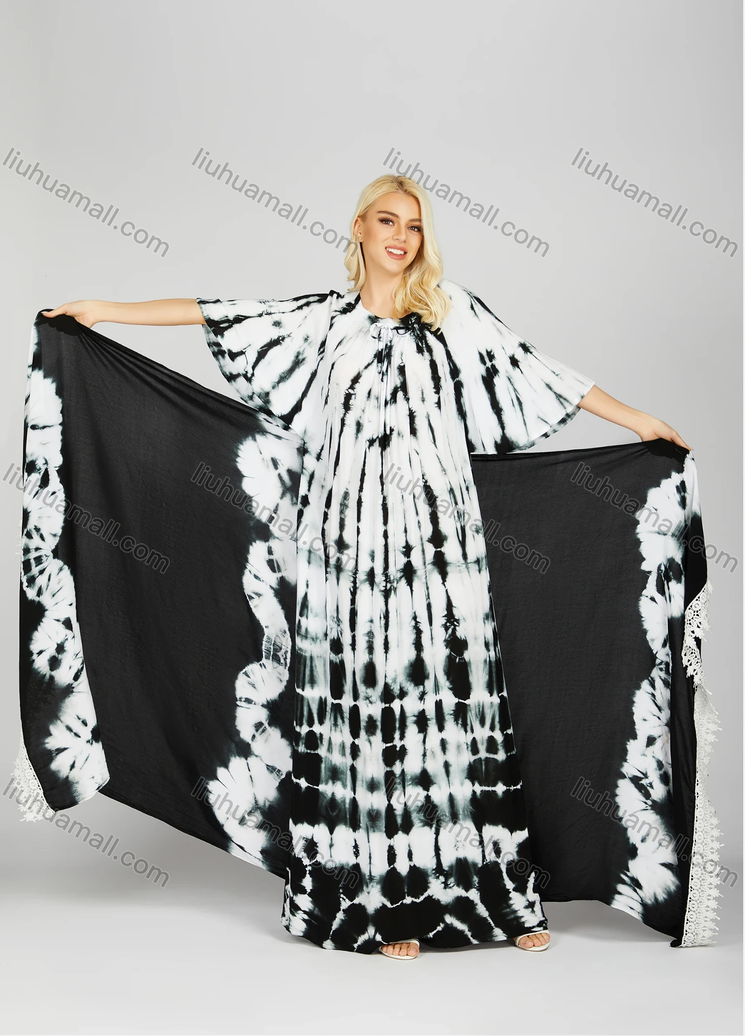 Wholesale Women's African Tie Front Ruched Half Sleeve Crew Neck Tie Dye Abstract Print Dress With Scarf 2RSF-10402# - Liuhuamall