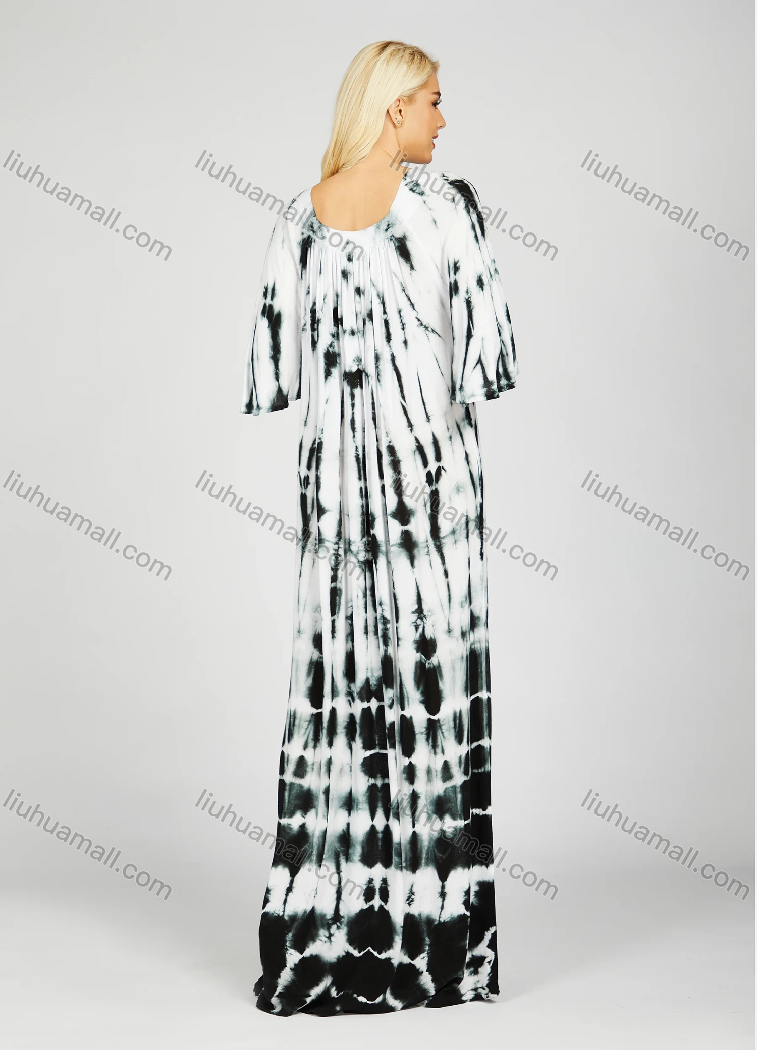 Wholesale Women's African Tie Front Ruched Half Sleeve Crew Neck Tie Dye Abstract Print Dress With Scarf 2RSF-10402# - Liuhuamall