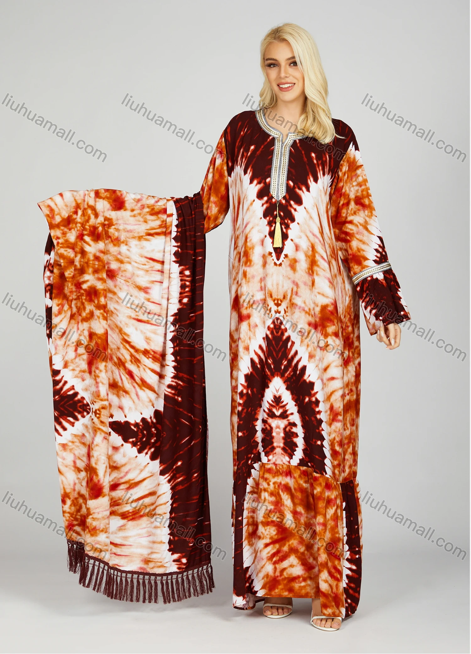 Wholesale Women's African Long Sleeve Crew Neck Tassel Tie Dye Ruched Ruffle Hem Maxi Dress With Scarf - Liuhuamall