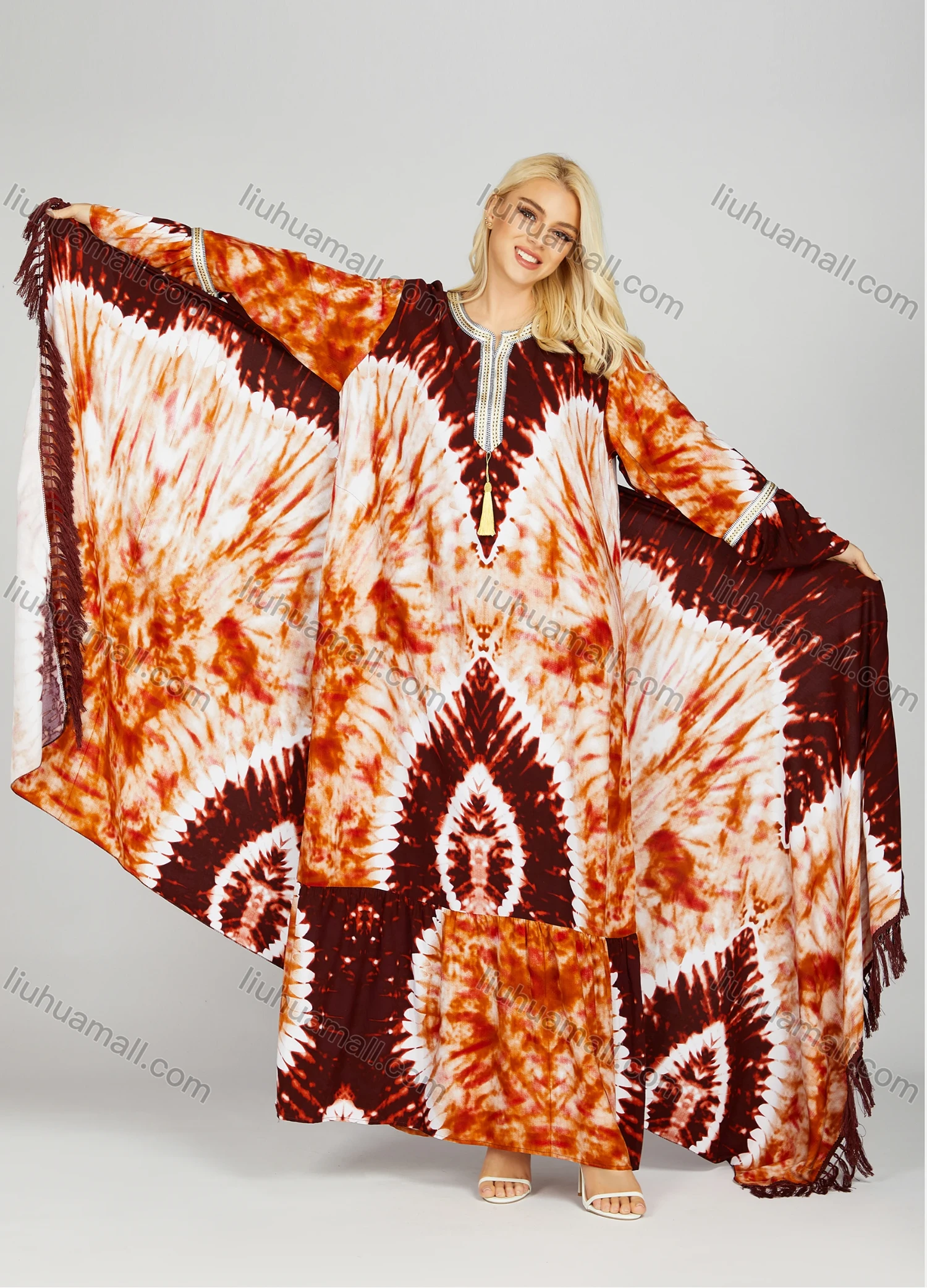 Wholesale Women's African Long Sleeve Crew Neck Tassel Tie Dye Ruched Ruffle Hem Maxi Dress With Scarf - Liuhuamall