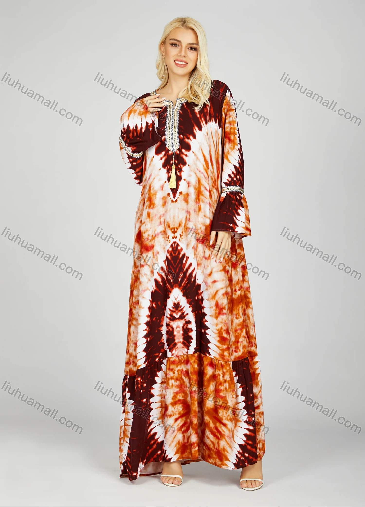 Wholesale Women's African Long Sleeve Crew Neck Tassel Tie Dye Ruched Ruffle Hem Maxi Dress With Scarf - Liuhuamall