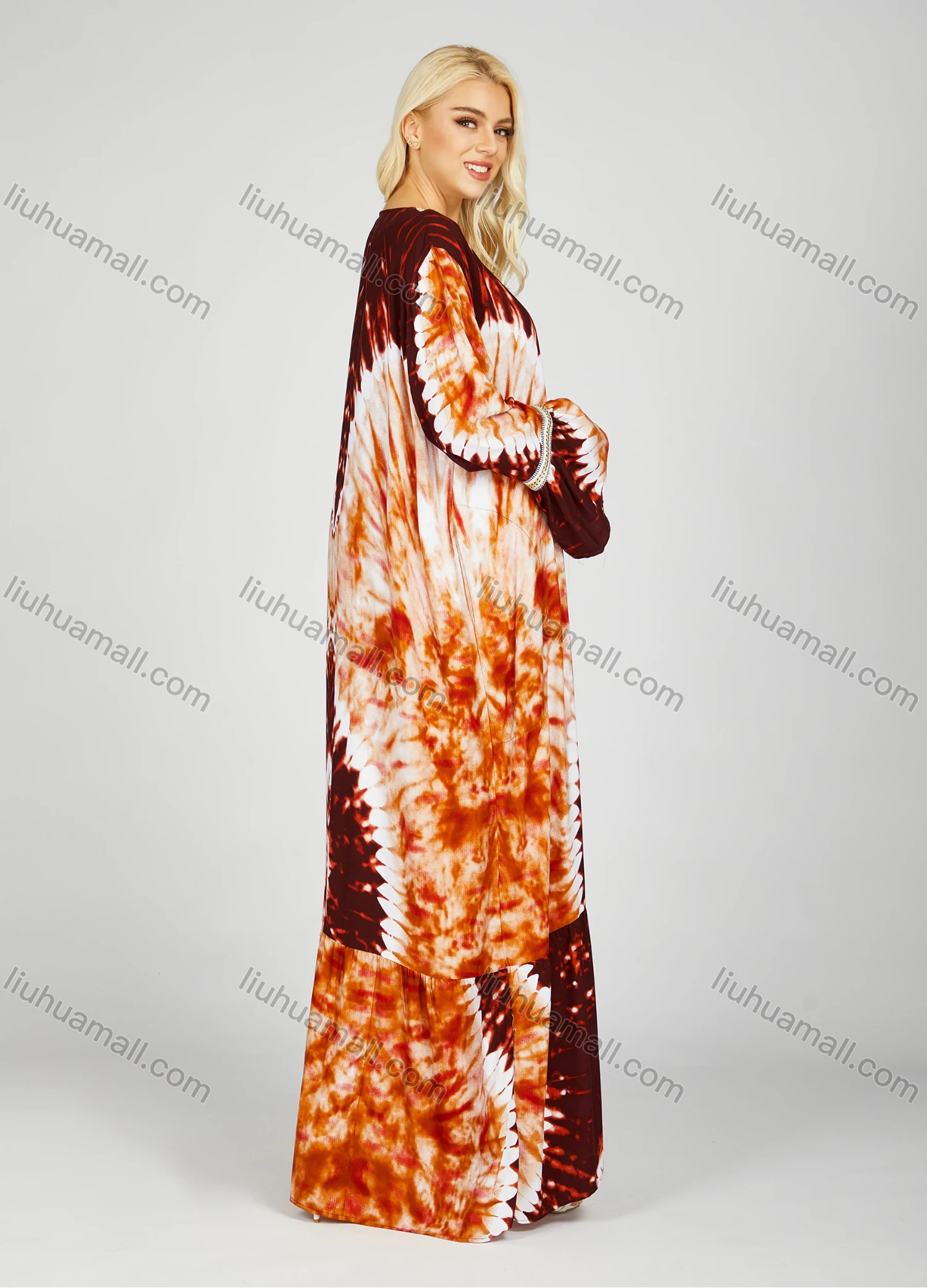 Wholesale Women's African Long Sleeve Crew Neck Tassel Tie Dye Ruched Ruffle Hem Maxi Dress With Scarf - Liuhuamall