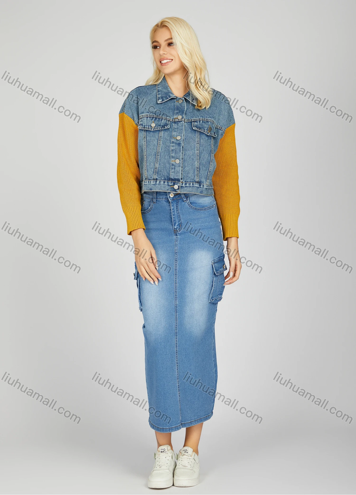 Wholesale Women's Elegant Plain Wash Flap Pockets Split Hem High Waist Denim Maxi Skirt - Liuhuamall