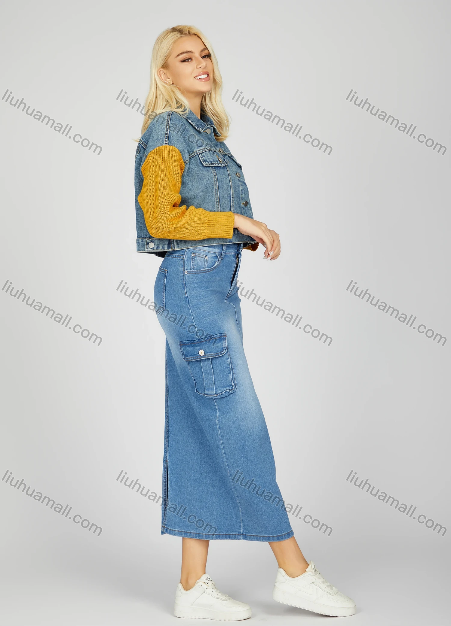Wholesale Women's Elegant Plain Wash Flap Pockets Split Hem High Waist Denim Maxi Skirt - Liuhuamall
