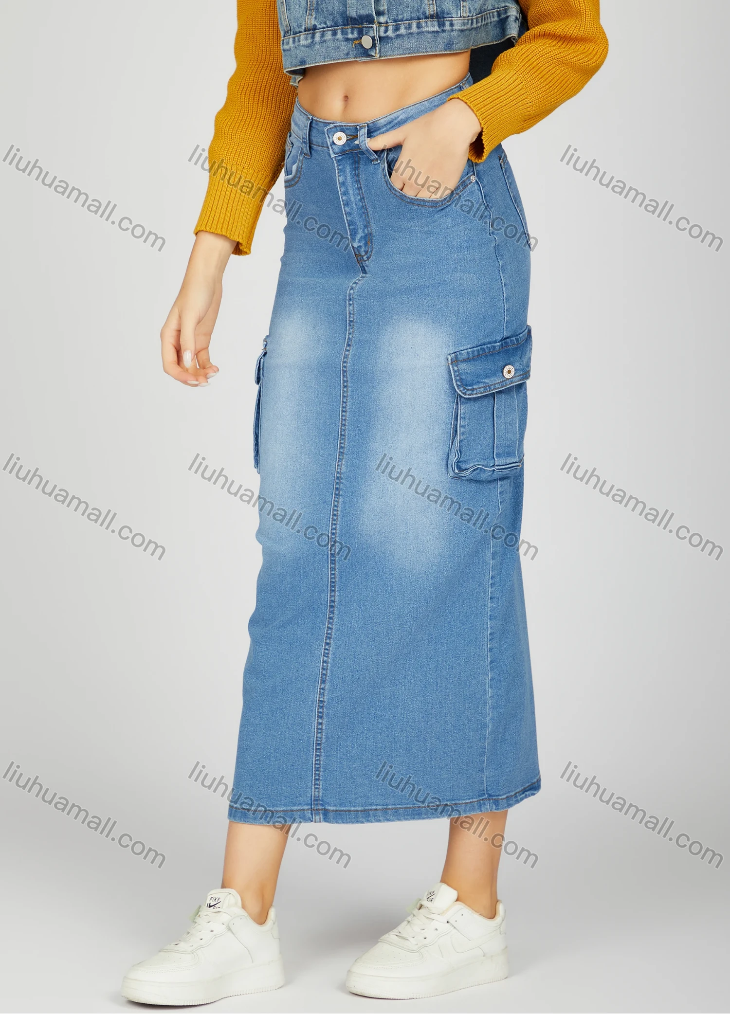 Wholesale Women's Elegant Plain Wash Flap Pockets Split Hem High Waist Denim Maxi Skirt - Liuhuamall