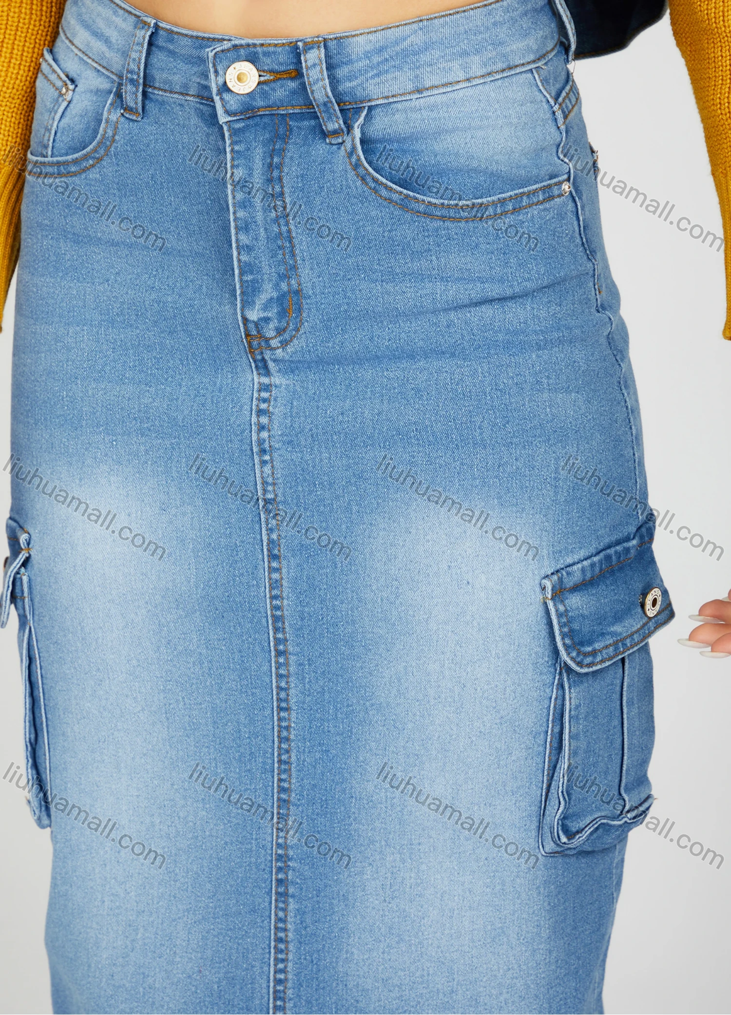 Wholesale Women's Elegant Plain Wash Flap Pockets Split Hem High Waist Denim Maxi Skirt - Liuhuamall