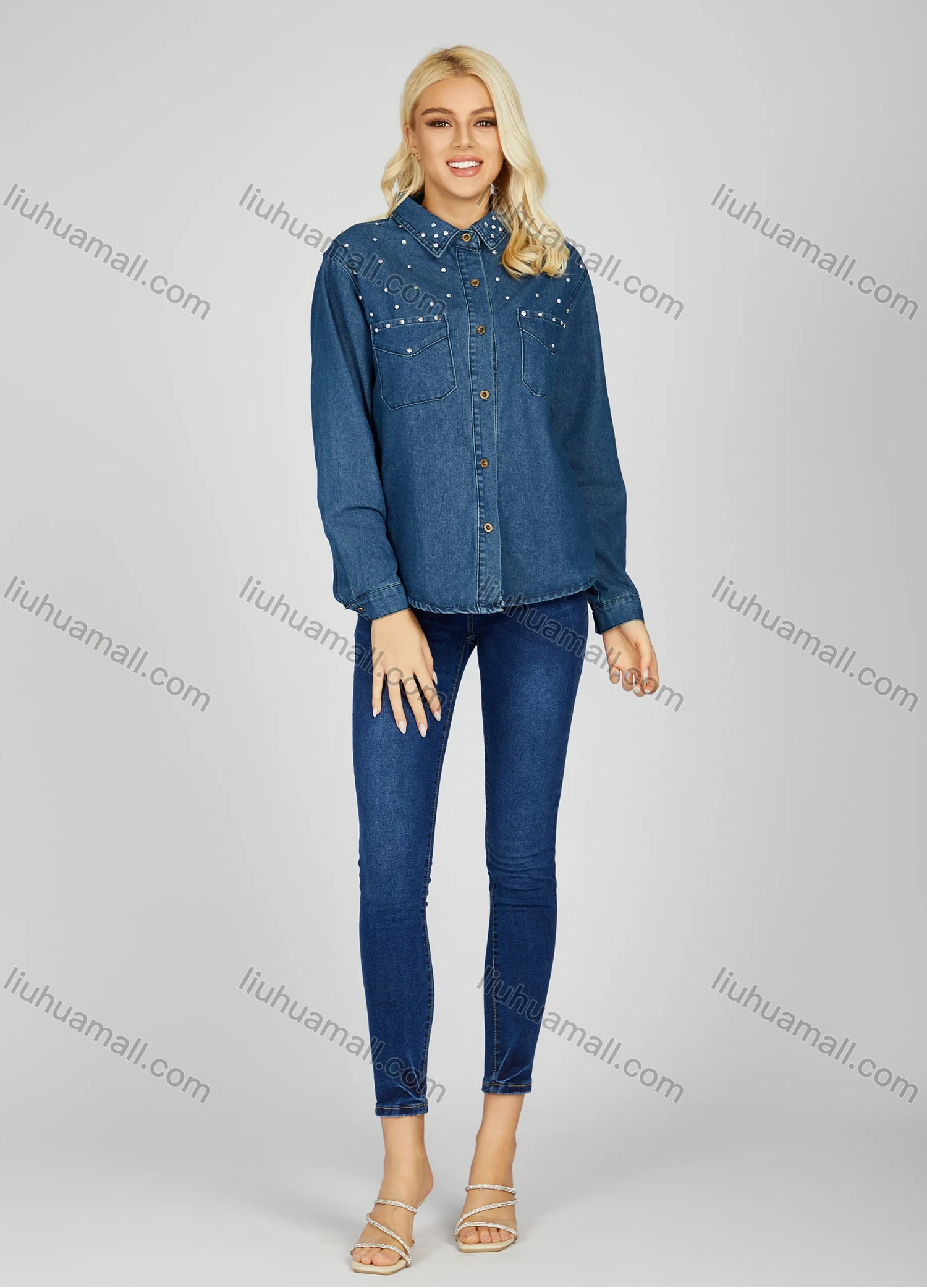 Wholesale Women's Casual Plain Patch Pocket Button Front High Waist Skinny Fit Jean - Liuhuamall