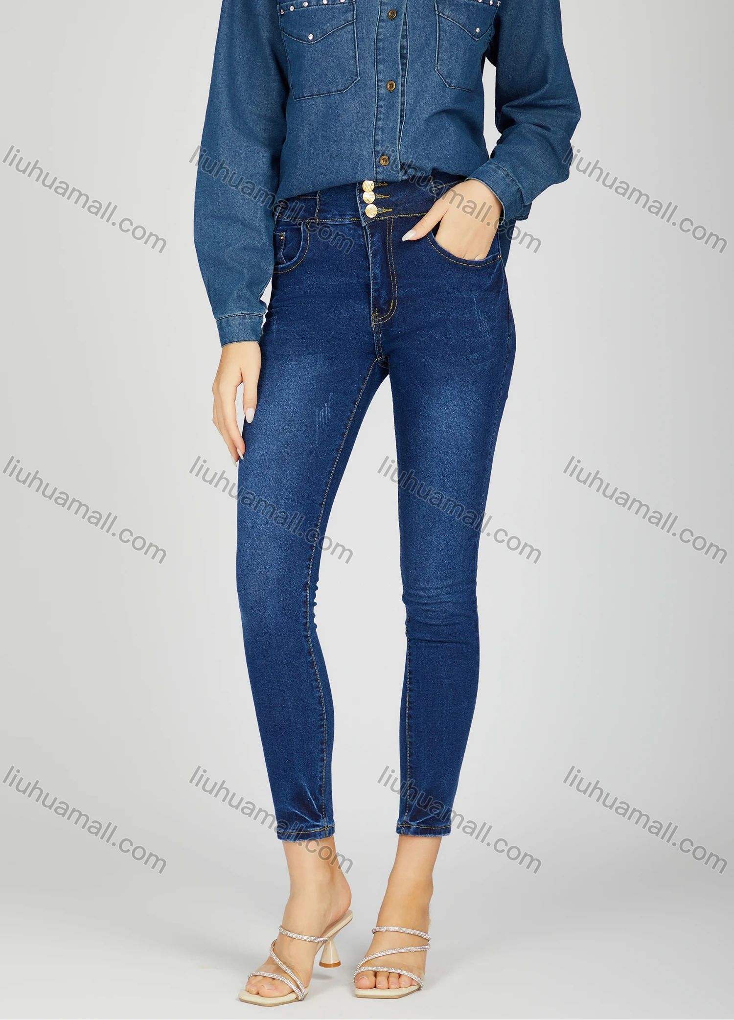 Wholesale Women's Casual Plain Patch Pocket Button Front High Waist Skinny Fit Jean - Liuhuamall