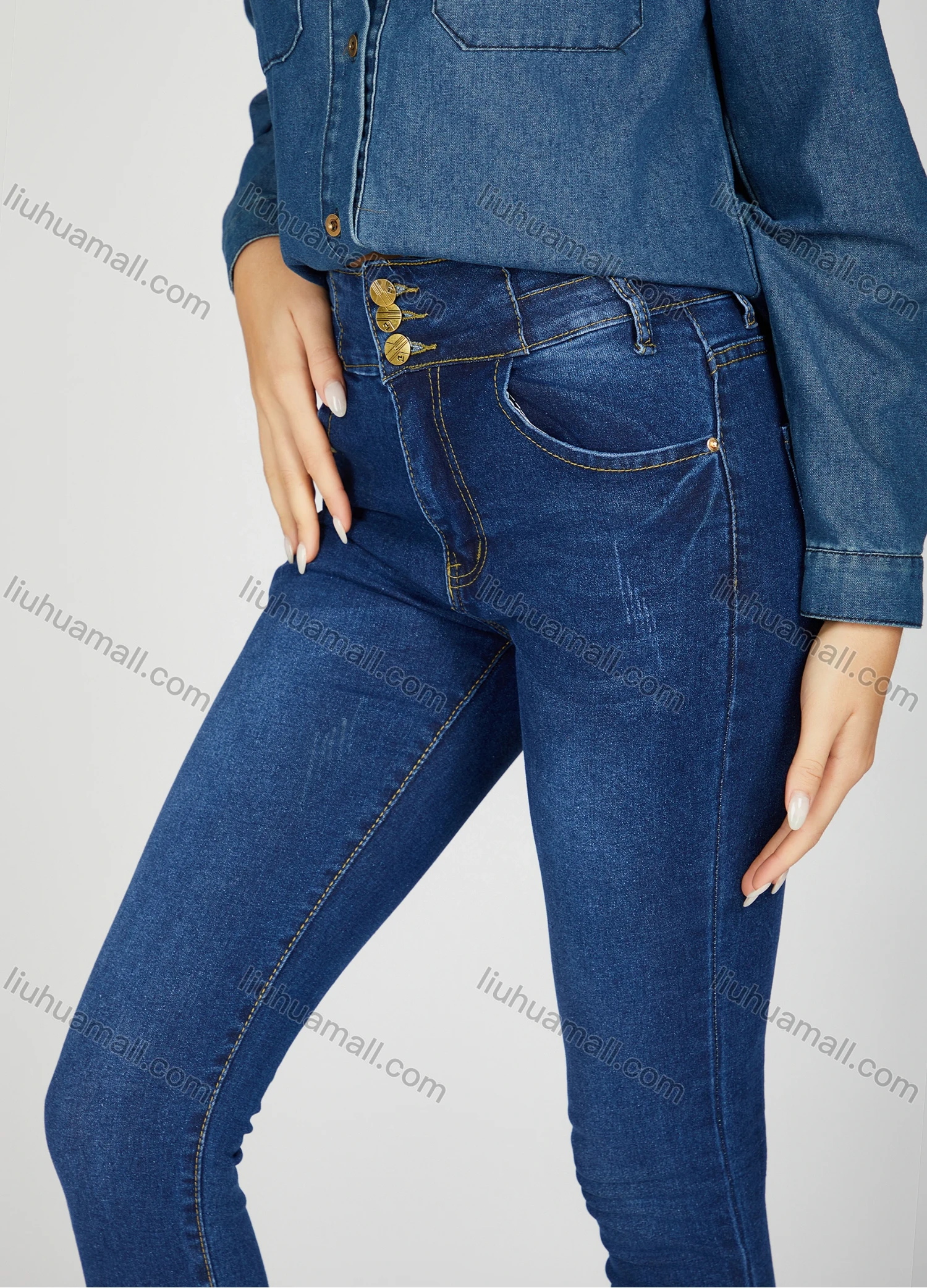 Wholesale Women's Casual Plain Patch Pocket Button Front High Waist Skinny Fit Jean - Liuhuamall