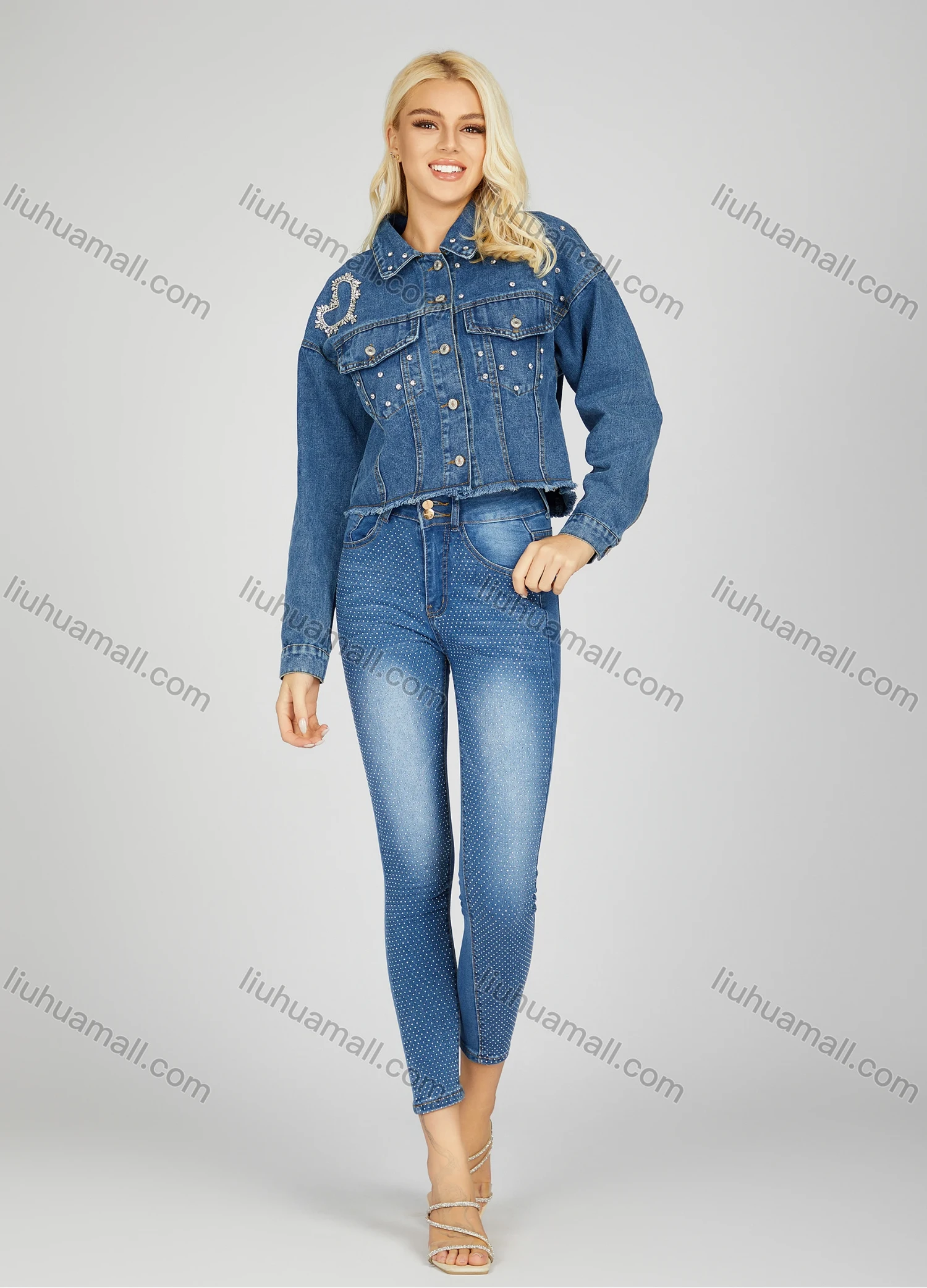 Wholesale Women's Casual Plain Rhinestone Patch Pocket Button Front High Waist Skinny Fit Jean - Liuhuamall