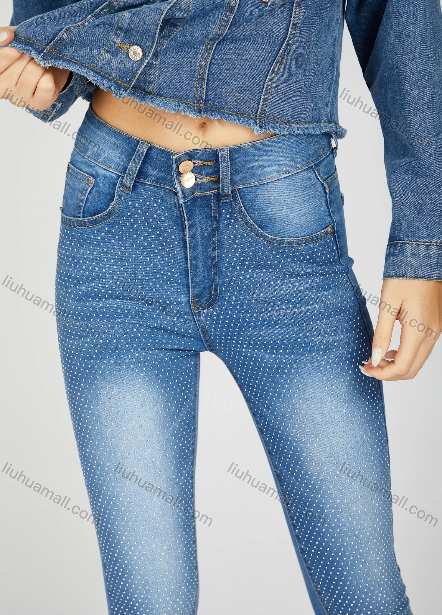 Wholesale Women's Casual Plain Rhinestone Patch Pocket Button Front High Waist Skinny Fit Jean - Liuhuamall