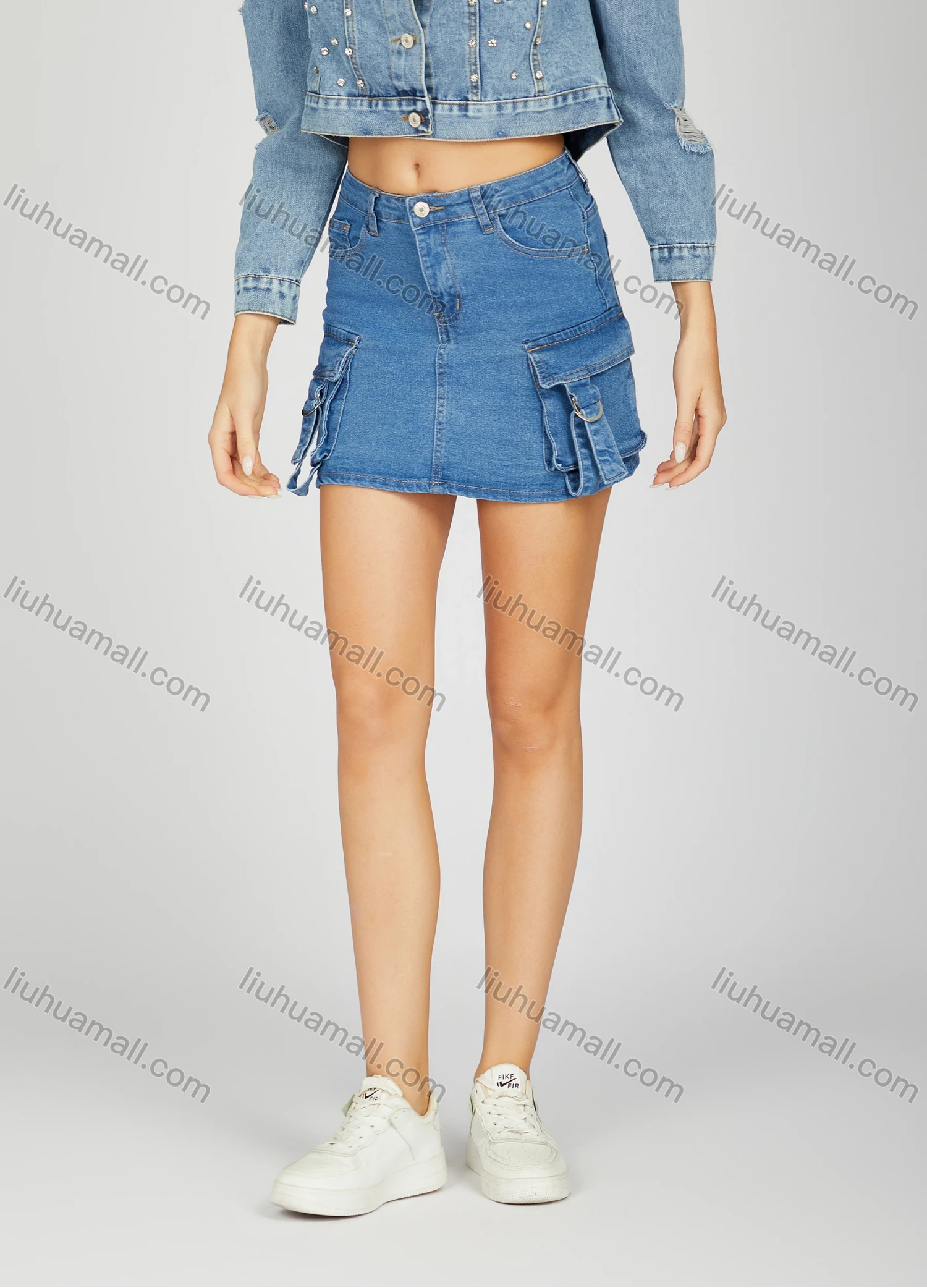 Wholesale Women's Fashion Plain Flap Pockets High Waist Button Closure Denim Mini Skirt - Liuhuamall