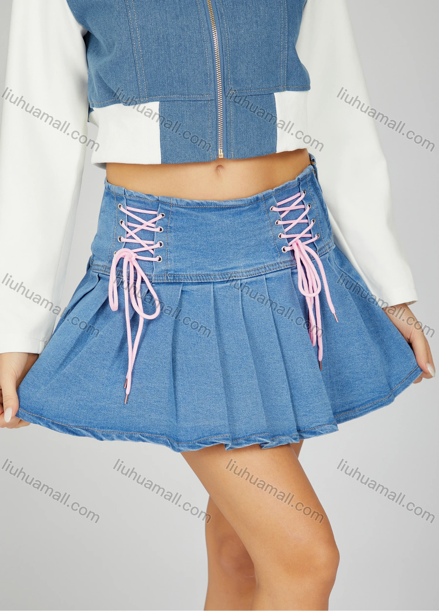 Wholesale Women's Fashion Plain Lace Up High Waist Pleated Mini Denim Skirt - Liuhuamall