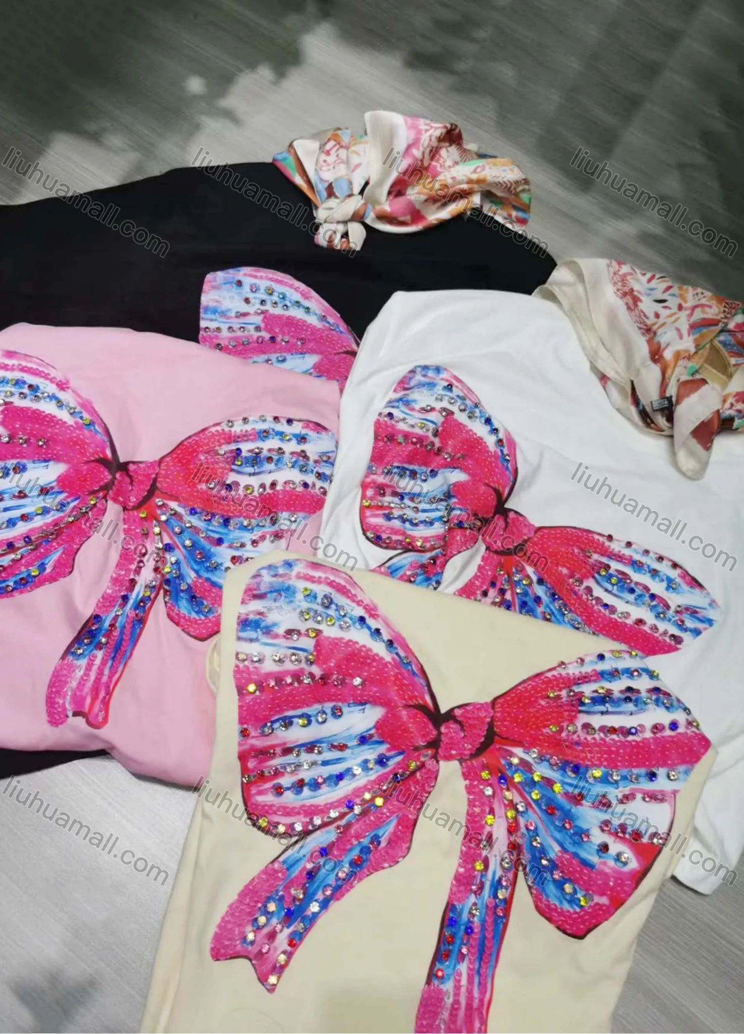 Wholesale Women's Casual Round Neck Butterfly Rhinestone Short Sleeve Tee With Kerchief 0677-2# - Liuhuamall