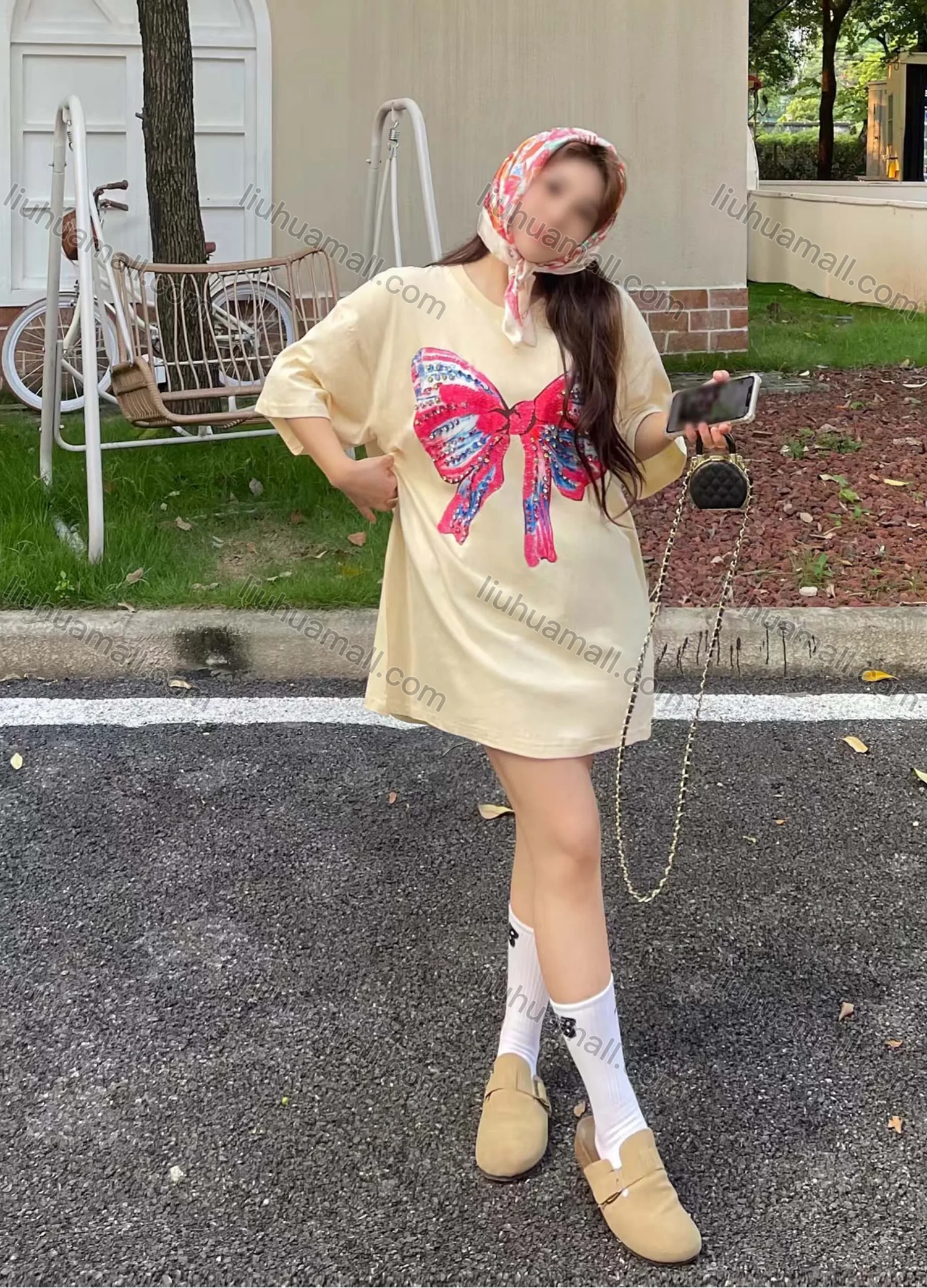 Wholesale Women's Casual Round Neck Butterfly Rhinestone Short Sleeve Tee With Kerchief 0677-2# - Liuhuamall