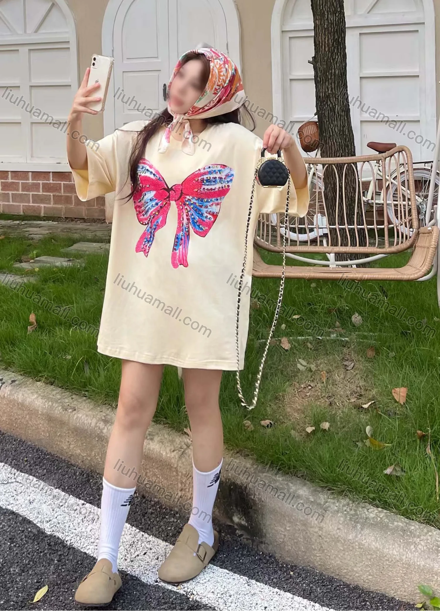 Wholesale Women's Casual Round Neck Butterfly Rhinestone Short Sleeve Tee With Kerchief 0677-2# - Liuhuamall