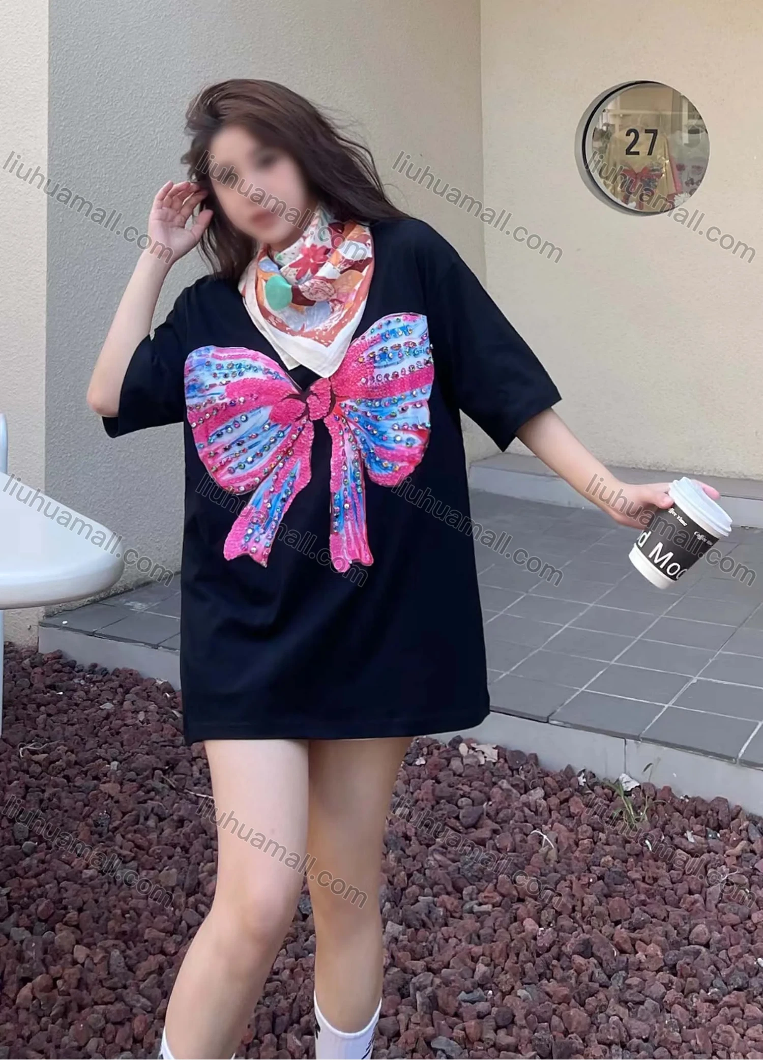Wholesale Women's Casual Round Neck Butterfly Rhinestone Short Sleeve Tee With Kerchief 0677-2# - Liuhuamall