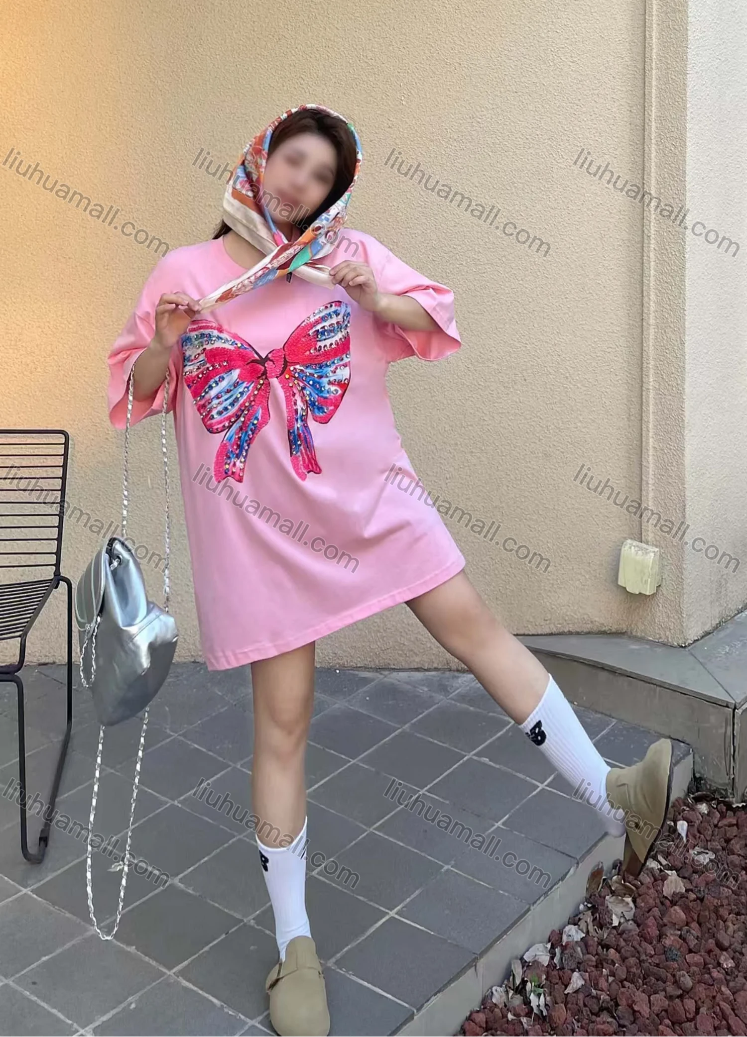 Wholesale Women's Casual Round Neck Butterfly Rhinestone Short Sleeve Tee With Kerchief 0677-2# - Liuhuamall