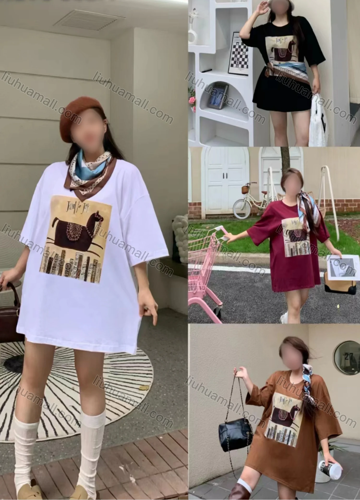 Wholesale Women's Casual Round Neck Graphic Drop Shoulder Beaded Decor Short Sleeve Tee With Kerchief 0677-3# - Liuhuamall