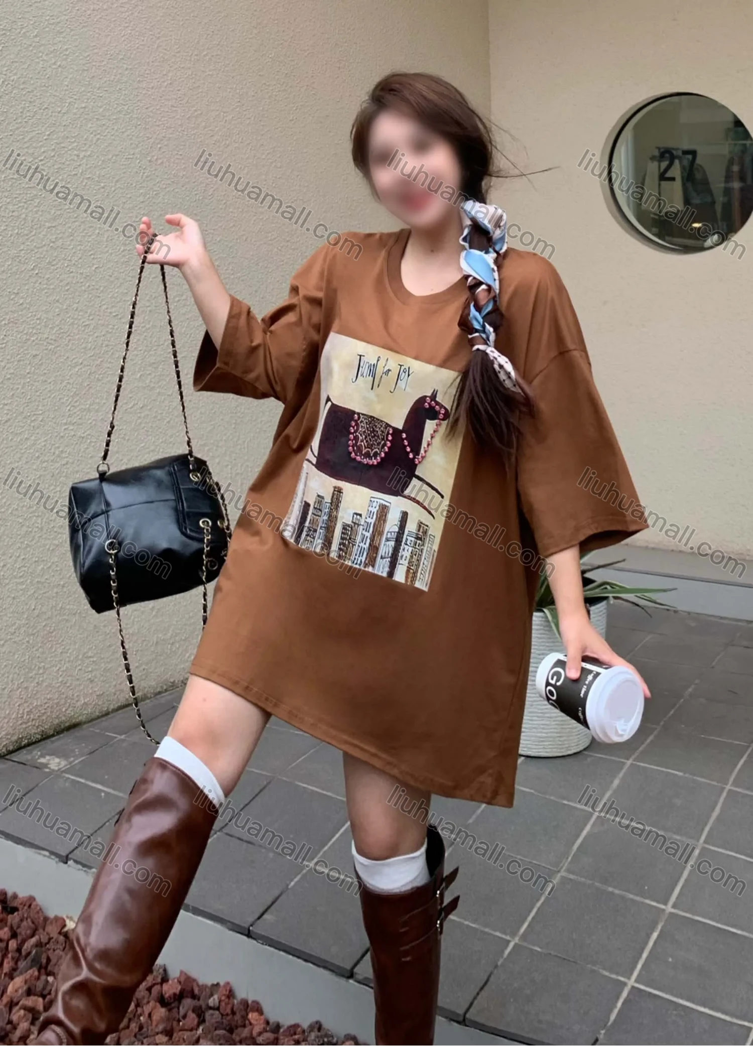 Wholesale Women's Casual Round Neck Graphic Drop Shoulder Beaded Decor Short Sleeve Tee With Kerchief 0677-3# - Liuhuamall