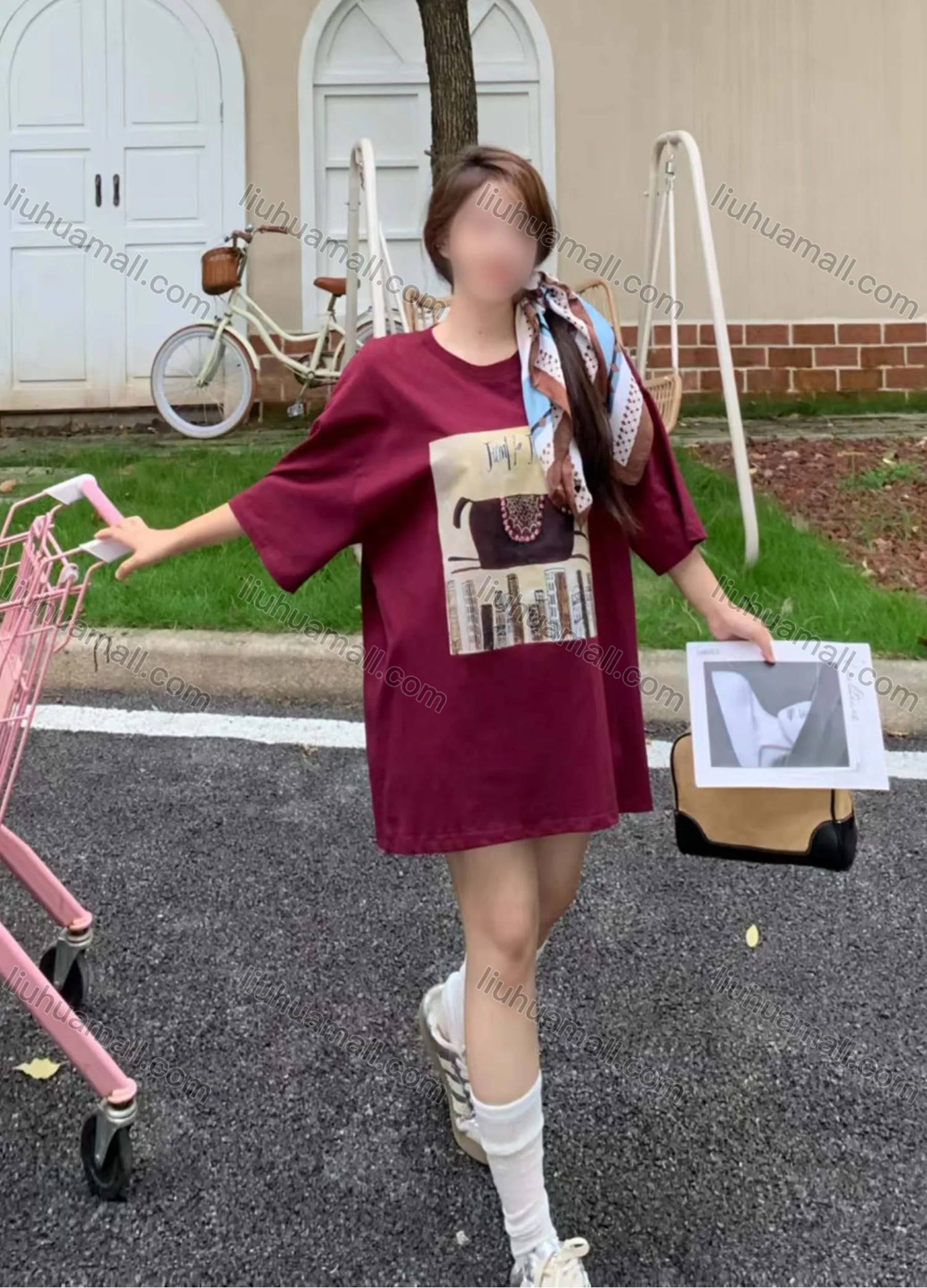 Wholesale Women's Casual Round Neck Graphic Drop Shoulder Beaded Decor Short Sleeve Tee With Kerchief 0677-3# - Liuhuamall