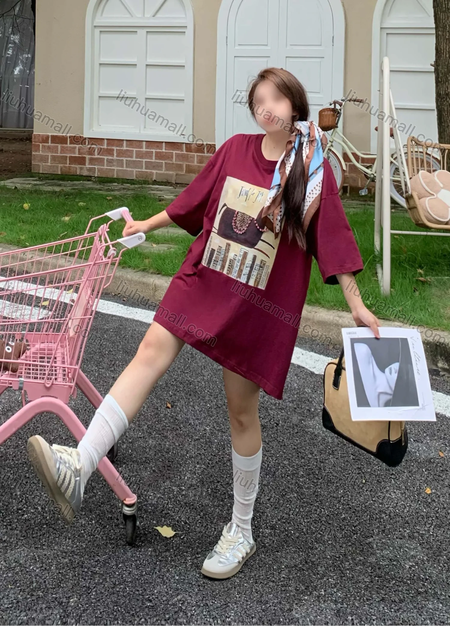 Wholesale Women's Casual Round Neck Graphic Drop Shoulder Beaded Decor Short Sleeve Tee With Kerchief 0677-3# - Liuhuamall