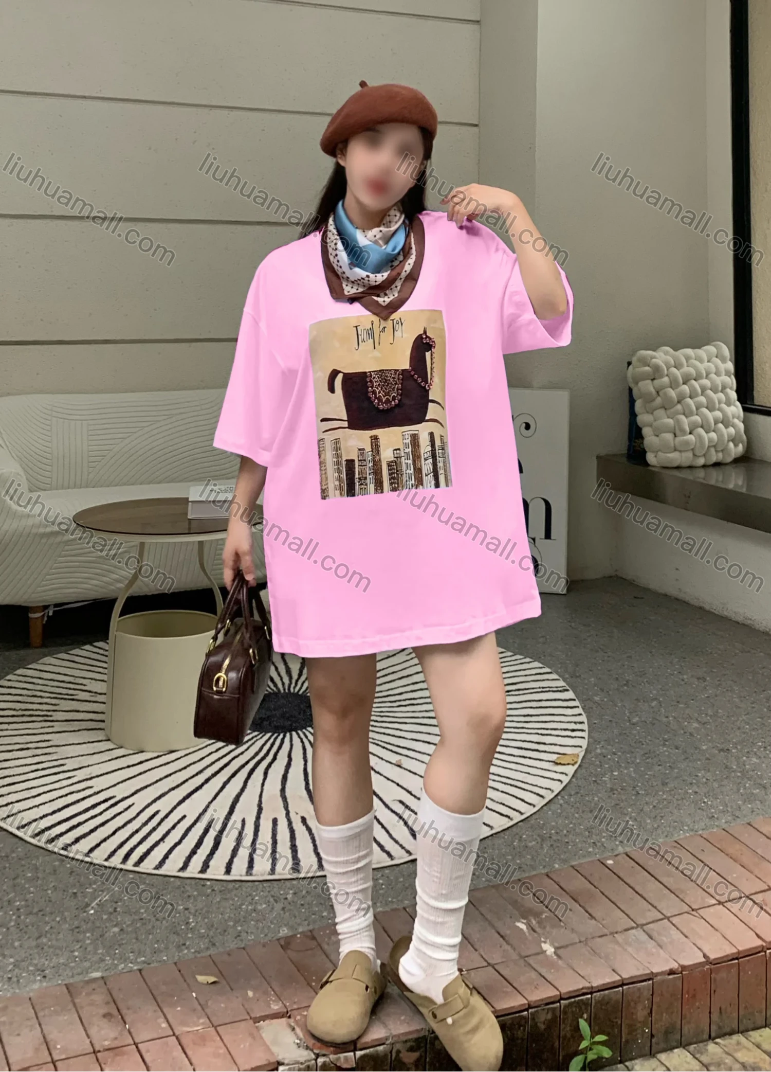 Wholesale Women's Casual Round Neck Graphic Drop Shoulder Beaded Decor Short Sleeve Tee With Kerchief 0677-3# - Liuhuamall