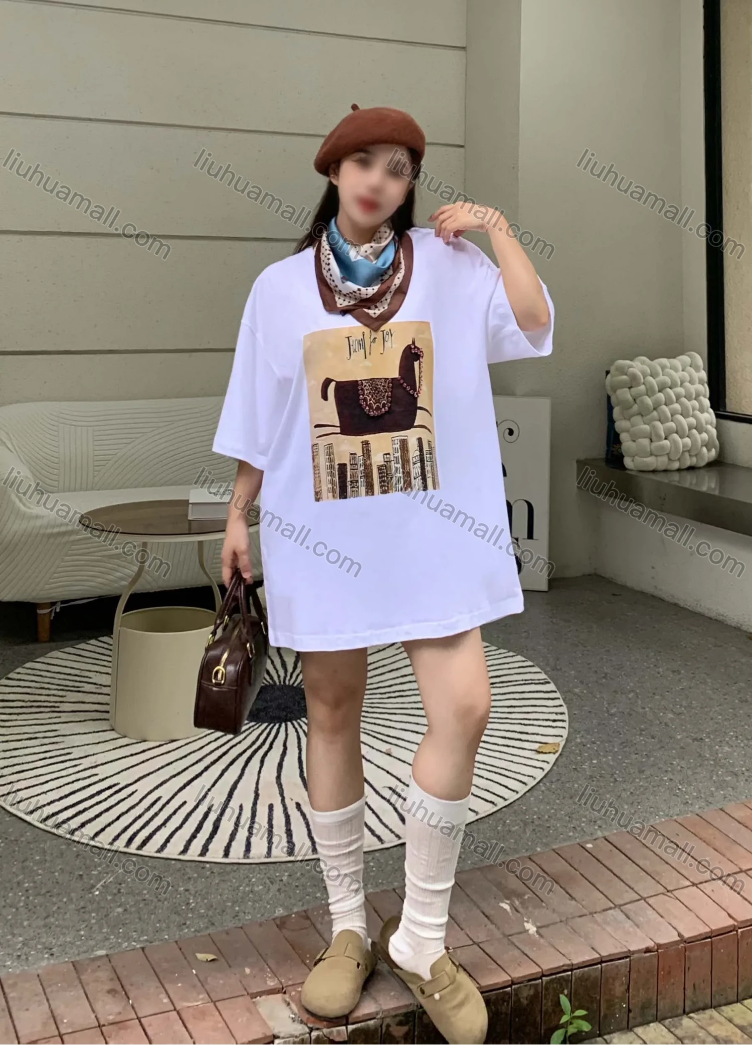 Wholesale Women's Casual Round Neck Graphic Drop Shoulder Beaded Decor Short Sleeve Tee With Kerchief 0677-3# - Liuhuamall