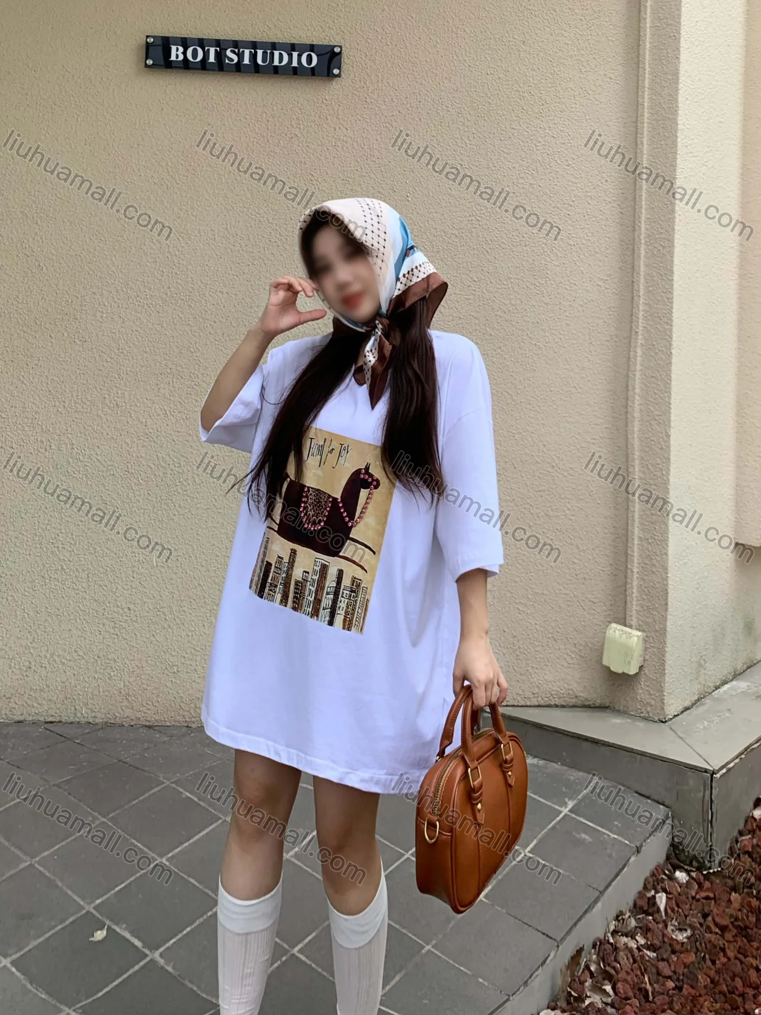 Wholesale Women's Casual Round Neck Graphic Drop Shoulder Beaded Decor Short Sleeve Tee With Kerchief 0677-3# - Liuhuamall