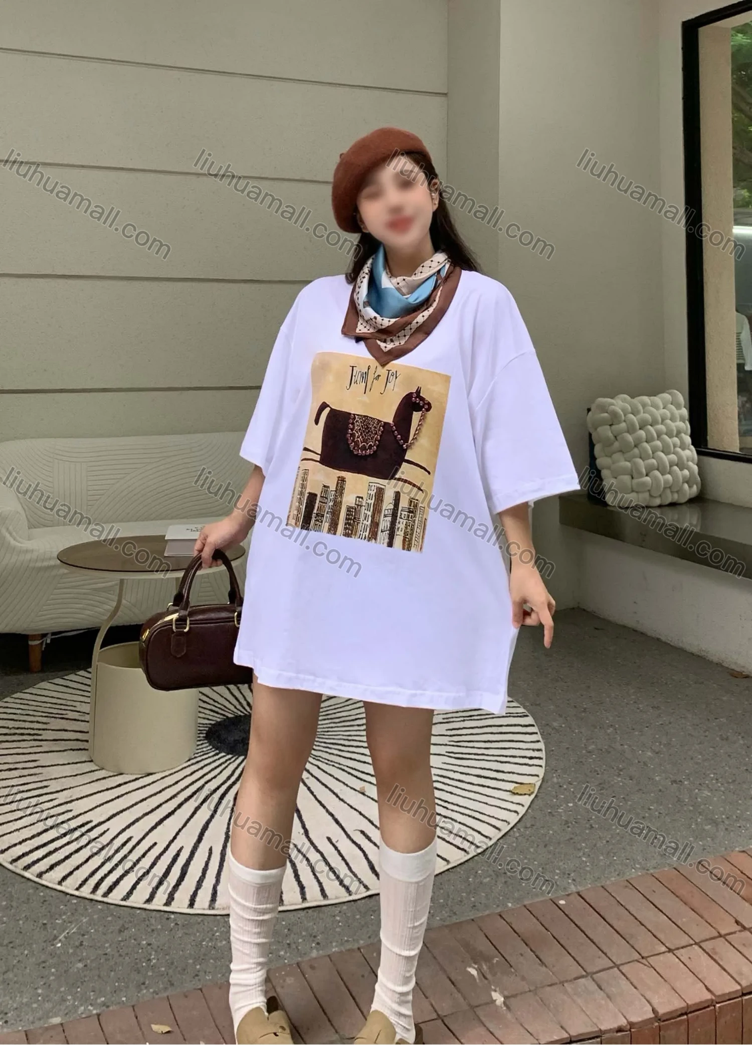 Wholesale Women's Casual Round Neck Graphic Drop Shoulder Beaded Decor Short Sleeve Tee With Kerchief 0677-3# - Liuhuamall