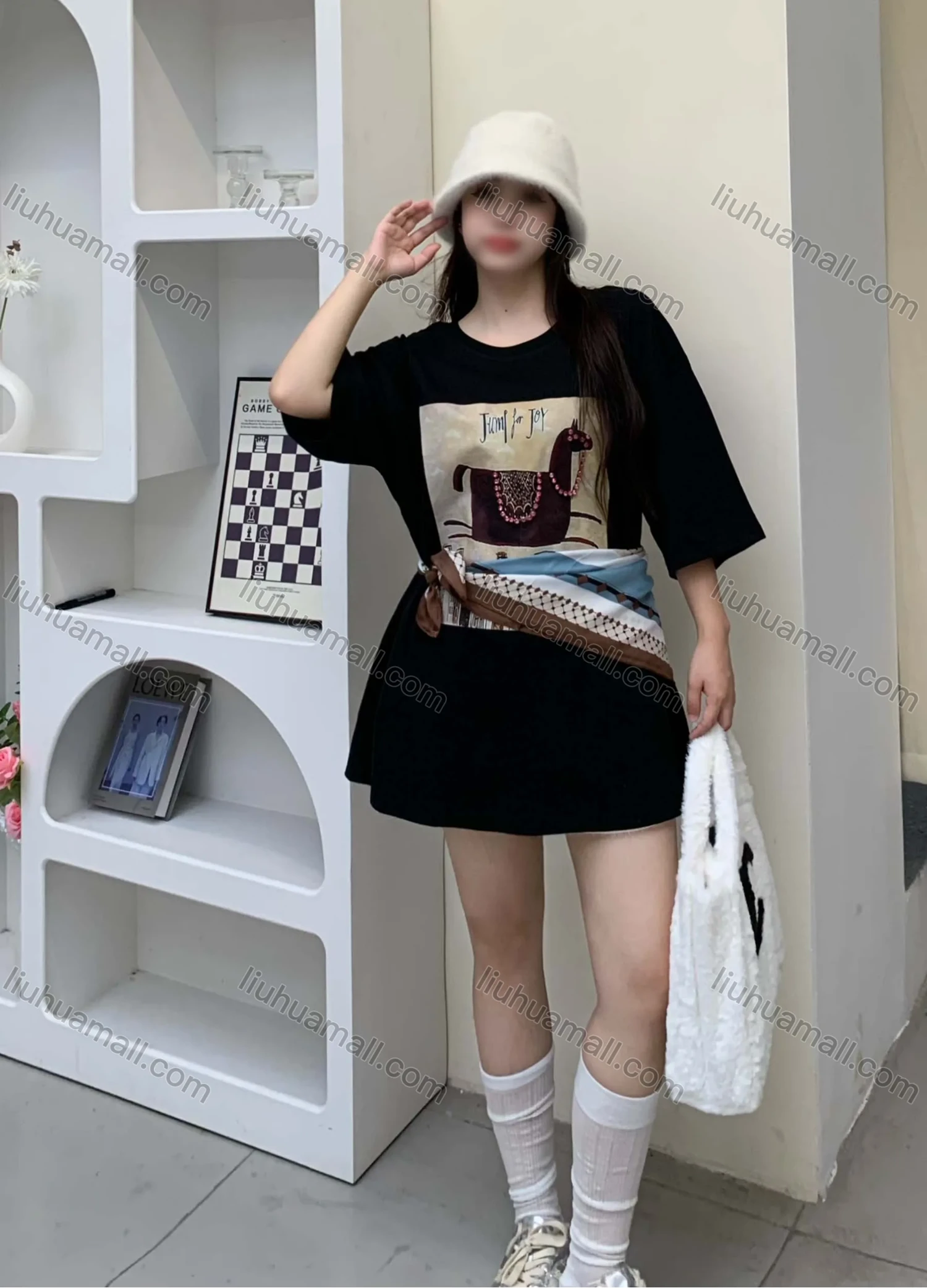 Wholesale Women's Casual Round Neck Graphic Drop Shoulder Beaded Decor Short Sleeve Tee With Kerchief 0677-3# - Liuhuamall