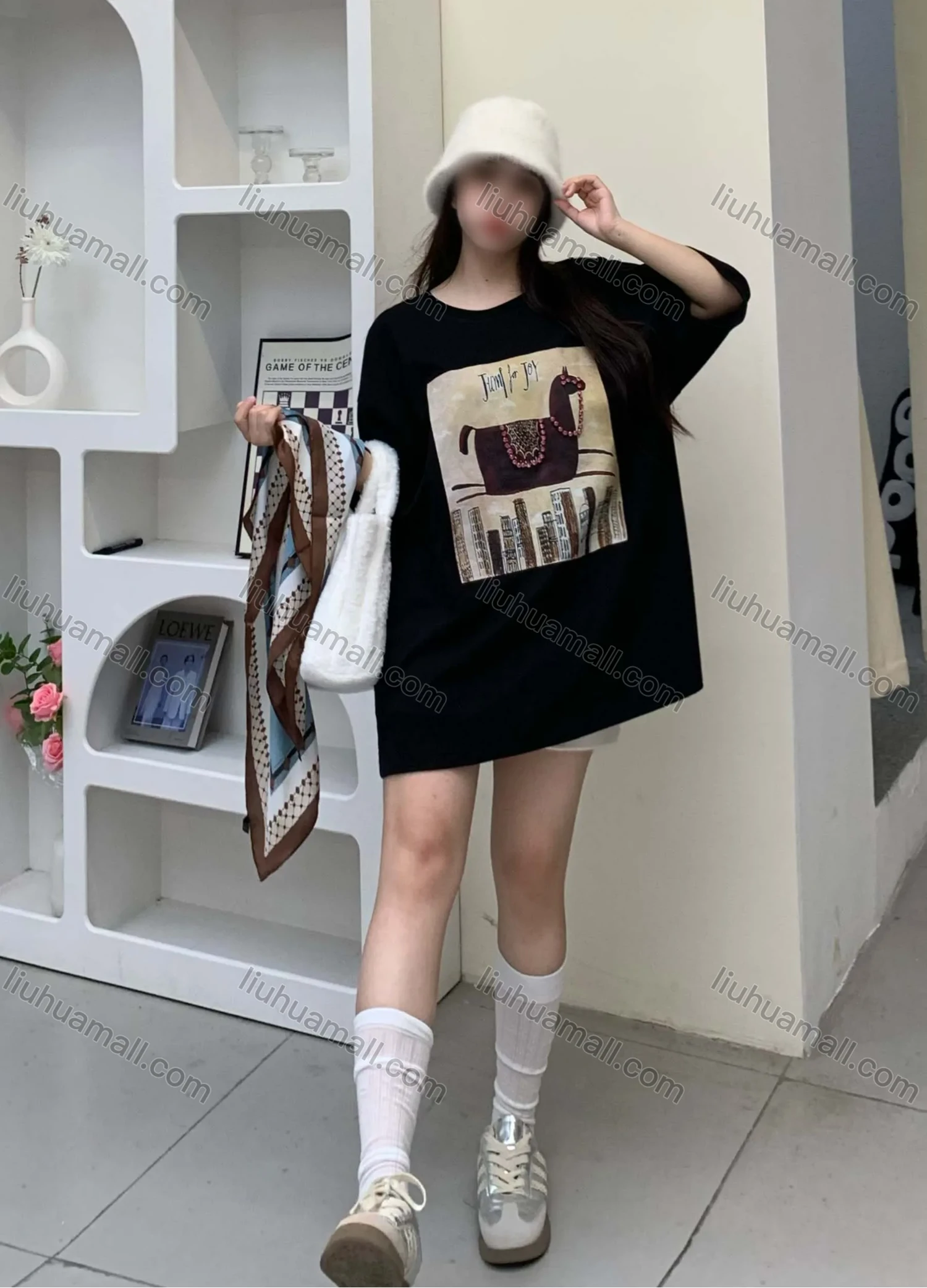 Wholesale Women's Casual Round Neck Graphic Drop Shoulder Beaded Decor Short Sleeve Tee With Kerchief 0677-3# - Liuhuamall